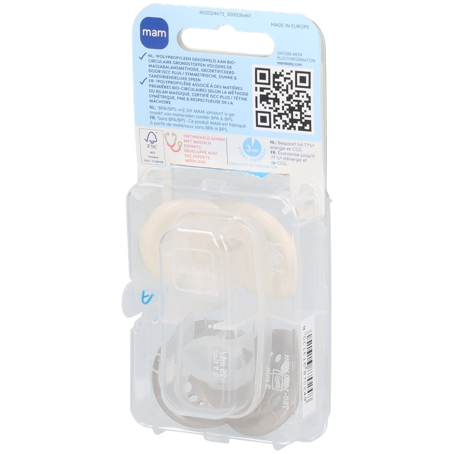 Rückseite der Verpackung mit zwei Schnullern. Text und QR-Code. MAM-Logo. Hergestellt in Europa.