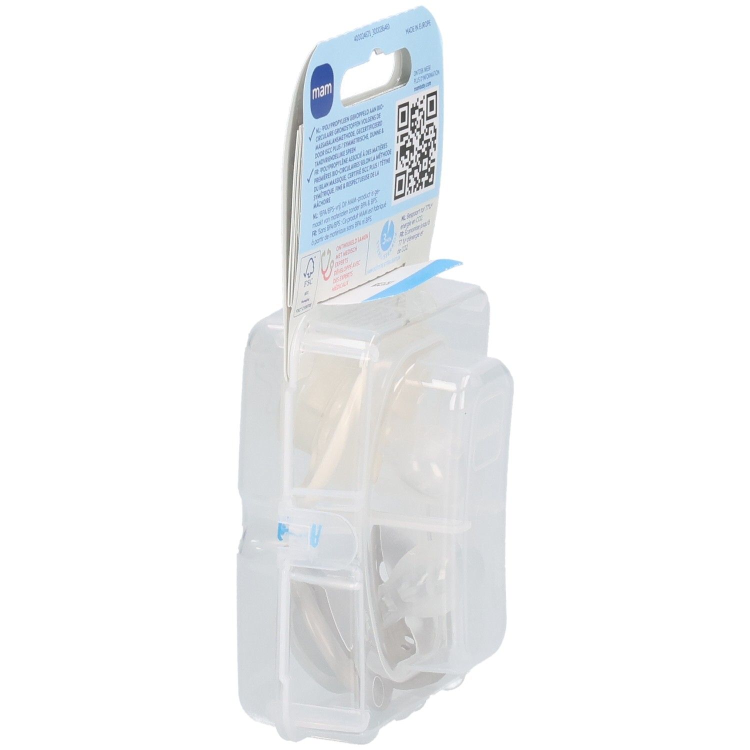 Verpackung mit zwei Schnullern. Leere Innenseite. Text: MAM. Recycling-Symbol.