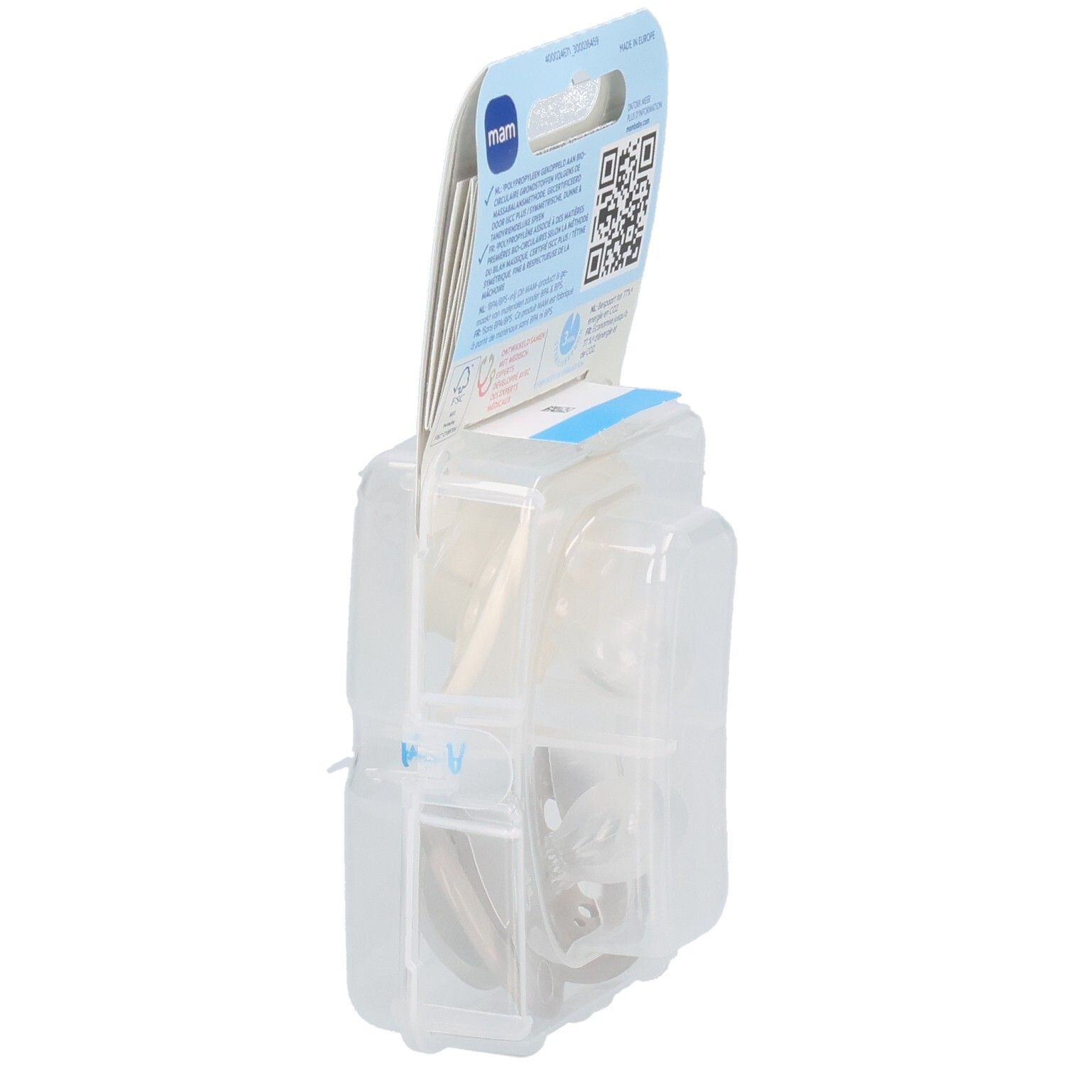 Seitenansicht der Verpackung mit zwei Schnullern. Informationen sind sichtbar. Transparente Verpackung.