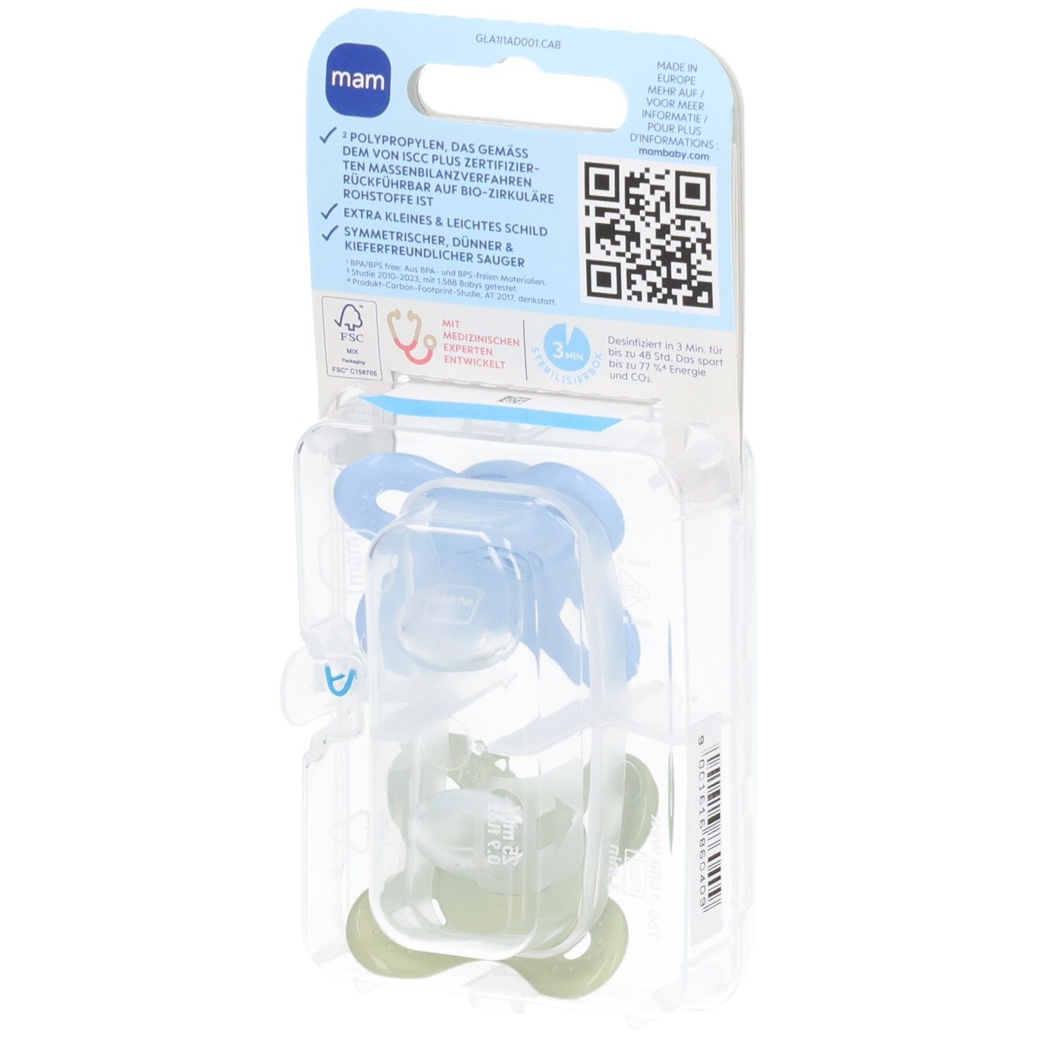 Rückseite der Blisterverpackung mit zwei Schnullern. Produktinformationen und Logos.