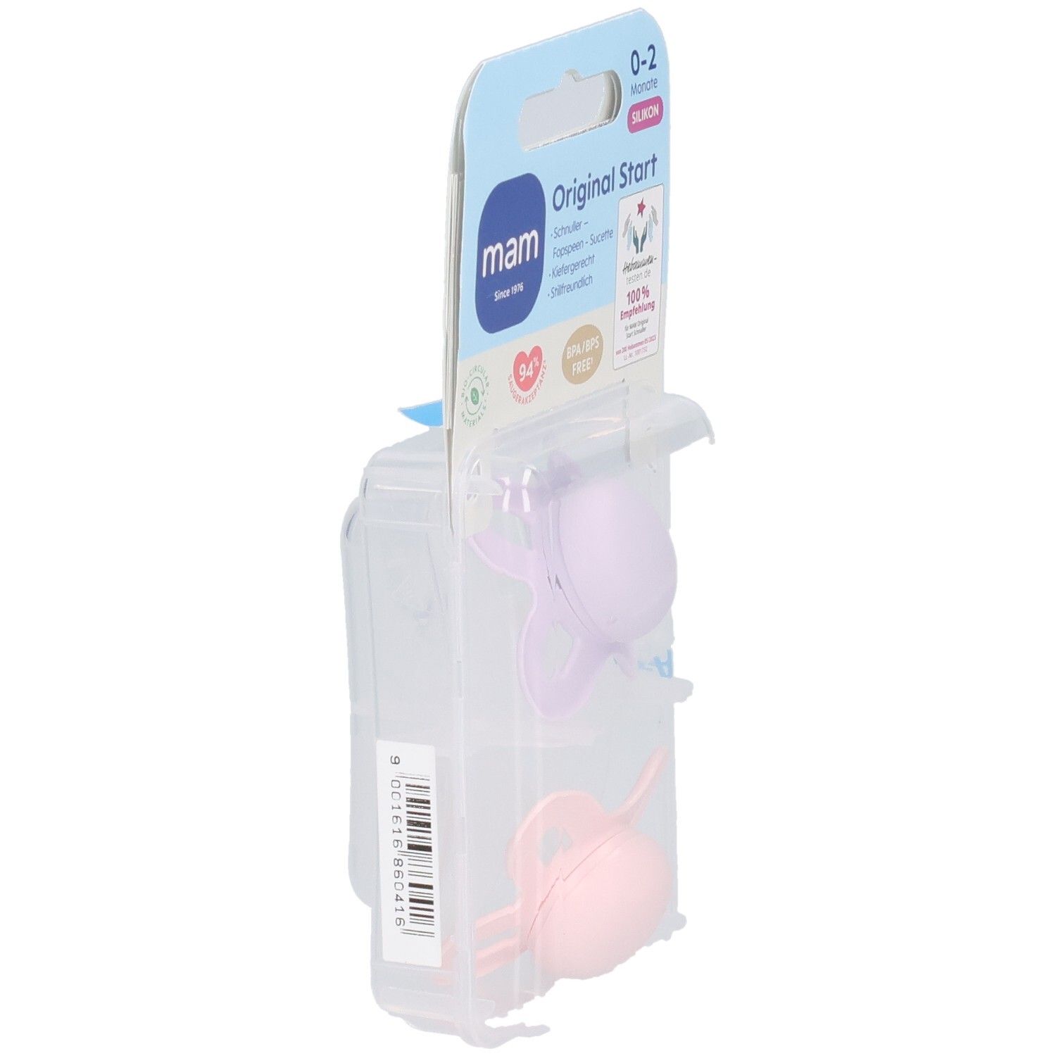 Seitenansicht der Verpackung mit zwei Schnullern. Marke MAM, Original Start, 0-2 Monate. Barcode sichtbar.