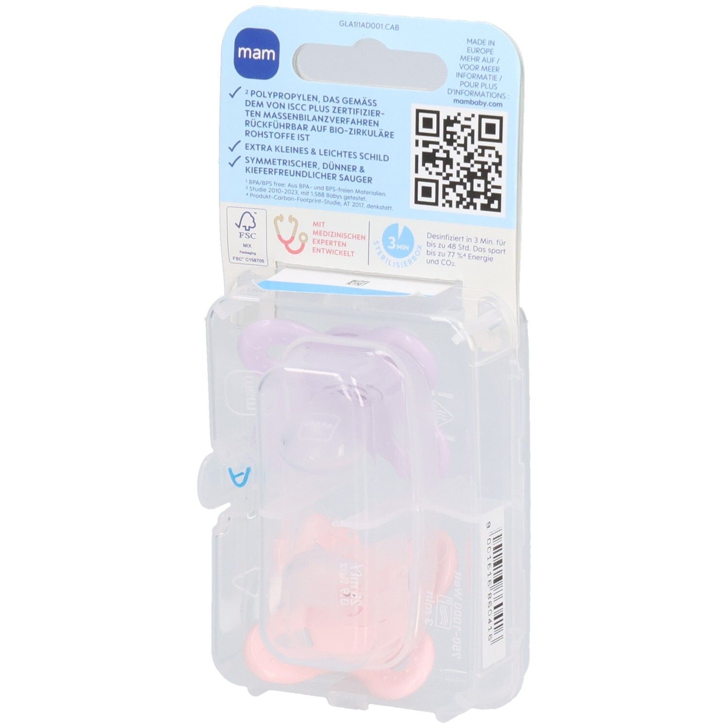Rückseite der Verpackung mit zwei Schnullern. Marke MAM, Original Start, 0-2 Monate. Informationen und QR-Code.