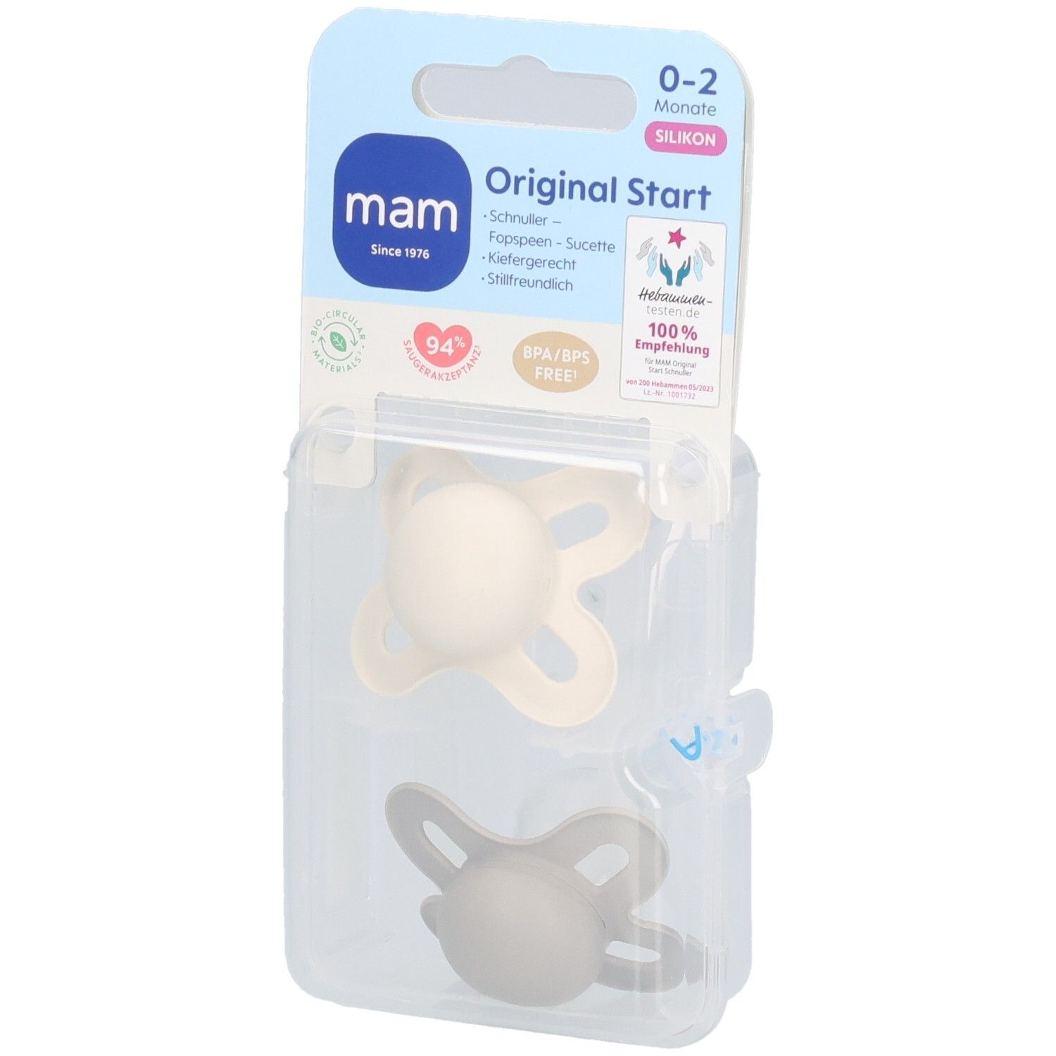 Zwei MAM Original Start Silikon-Schnuller in Verpackung. Farben: Beige und Grau. Alter: 0-2 Monate. BPA/BPS-frei.