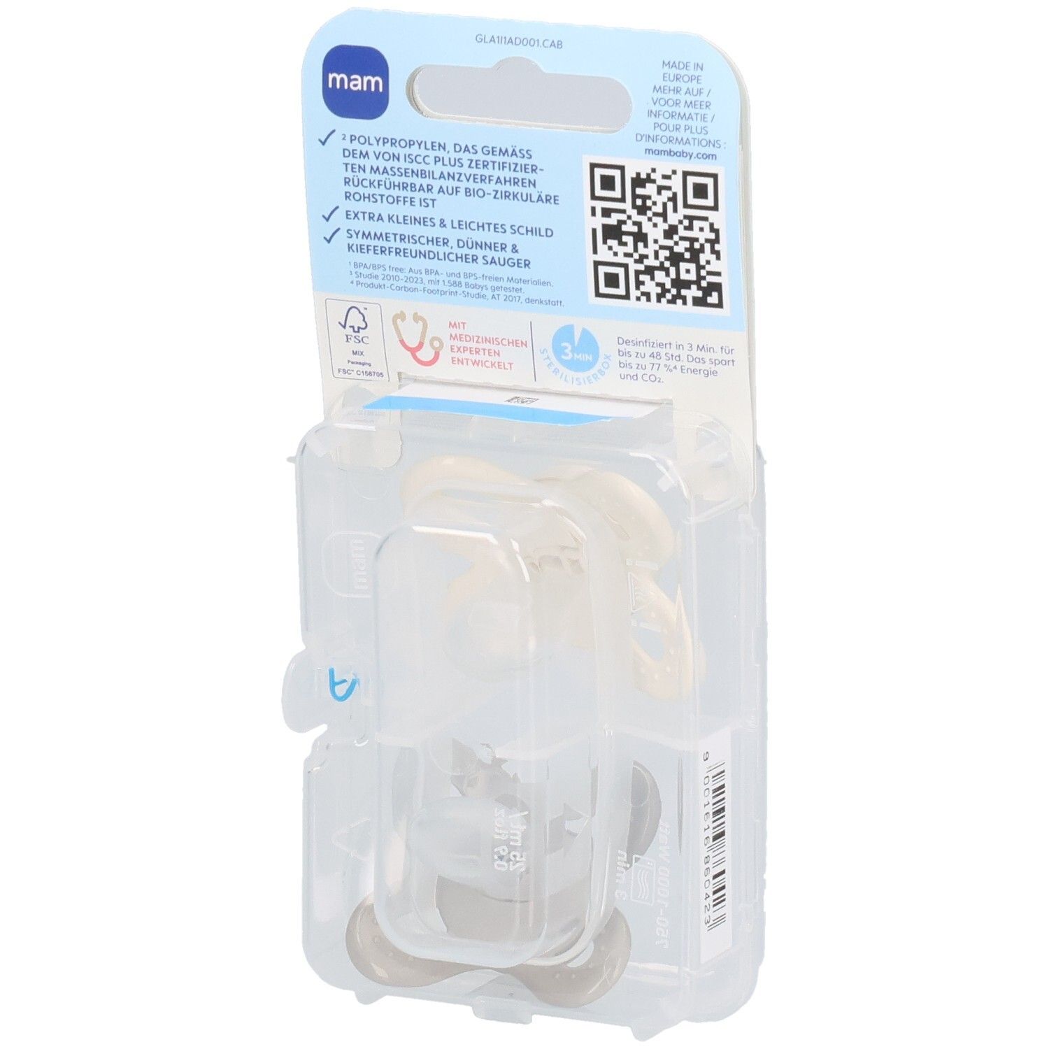 Rückseite der Verpackung mit zwei MAM Original Start Schnullern. Informationen und QR-Code. Alter: 0-2 Monate.
