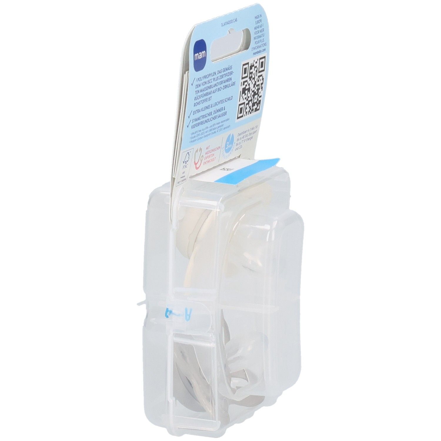 Verpackung mit zwei MAM Original Start Schnullern. Rückseite. Alter: 0-2 Monate. Detailansicht.