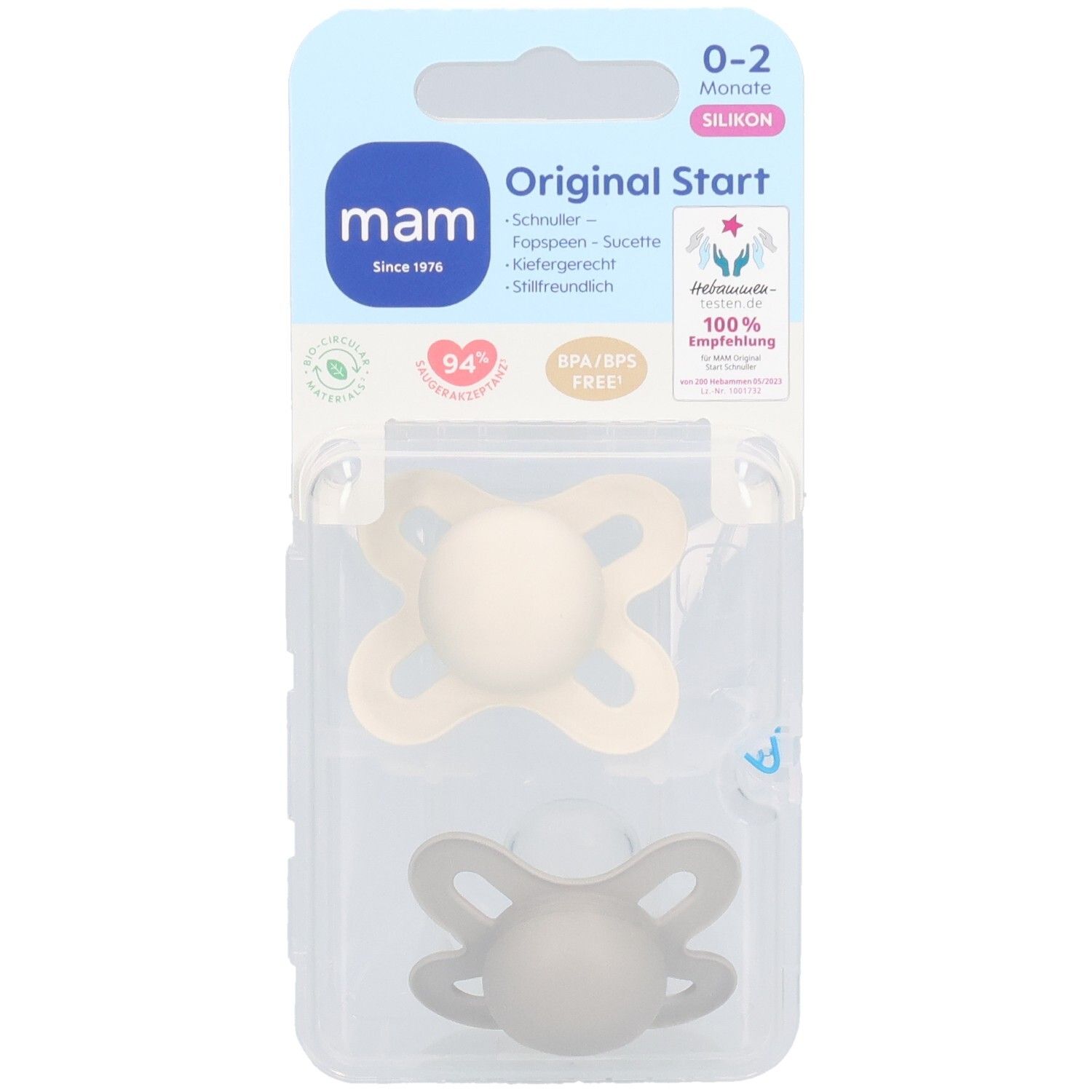 Zwei MAM Original Start Silikon-Schnuller in Verpackung. Farben: Beige und Grau. Alter: 0-2 Monate. BPA/BPS-frei.