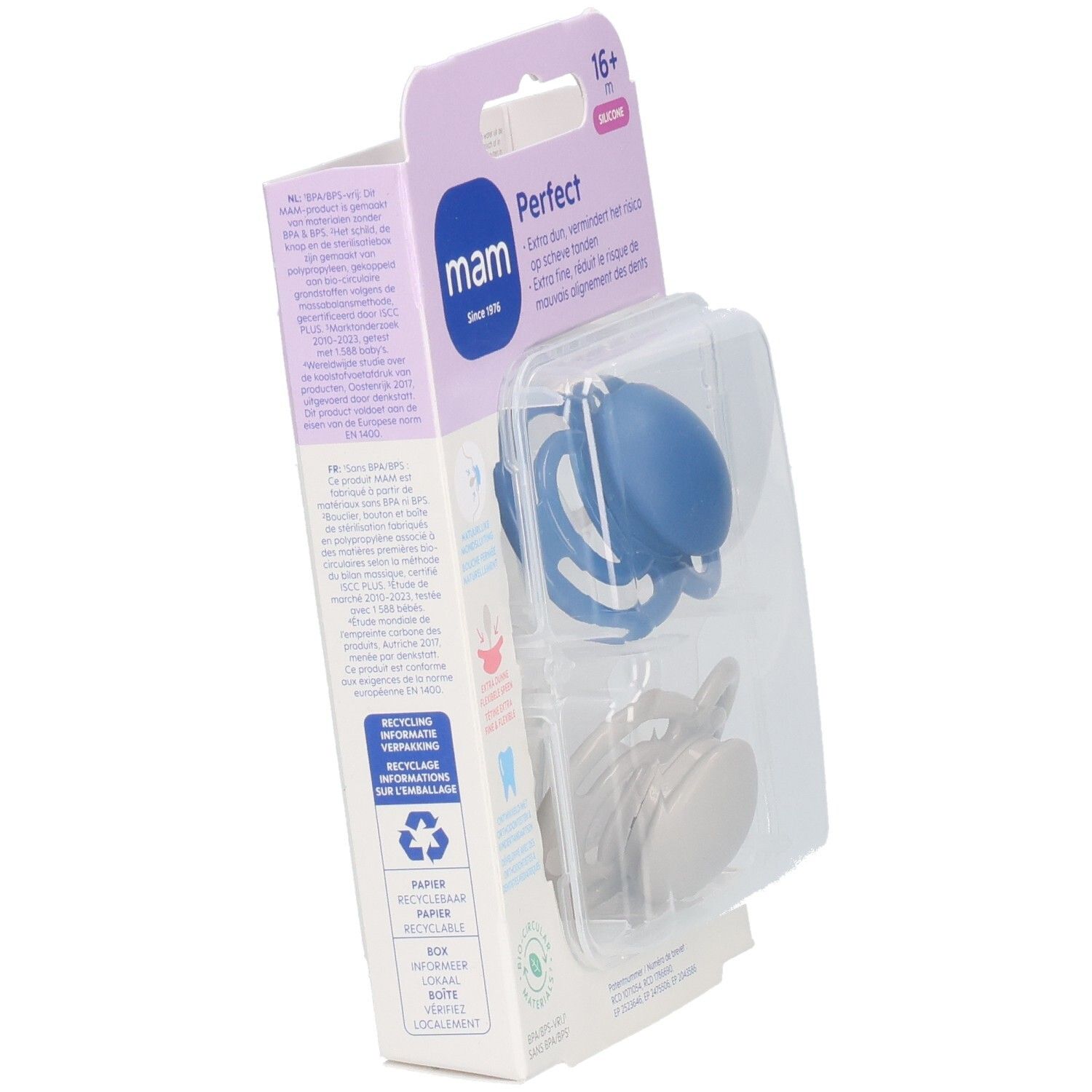 Verpackung mit einem blauen MAM Perfect Schnuller. Die Verpackung zeigt Informationen und Recycling-Symbole.