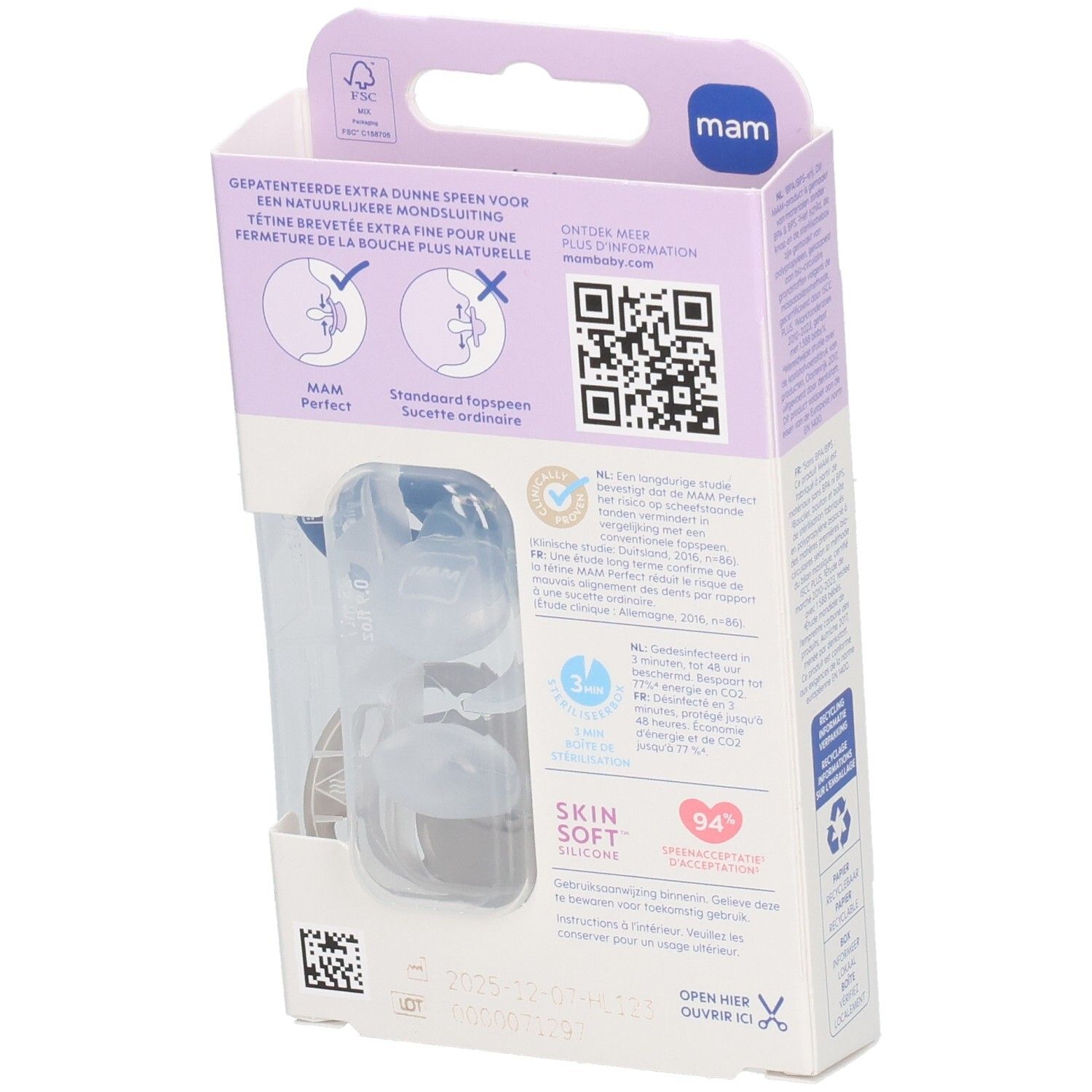 Rückseite der Verpackung mit zwei MAM Perfect Schnullern. Informationen, QR-Code und Zertifizierungen sind sichtbar.