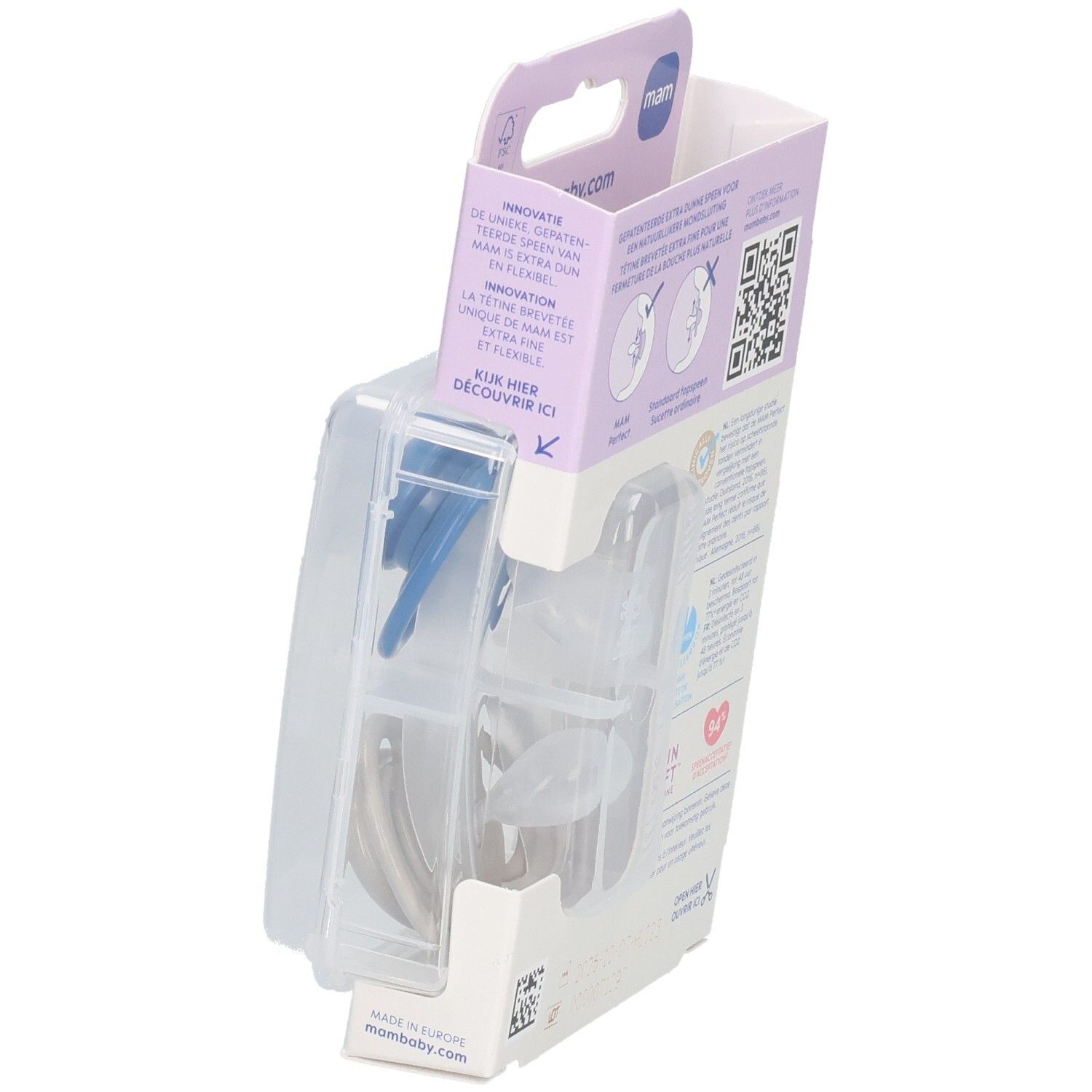 Verpackung mit zwei MAM Perfect Schnullern, teilweise geöffnet. Der Inhalt ist sichtbar, einschließlich blauer und grauer Schnuller.