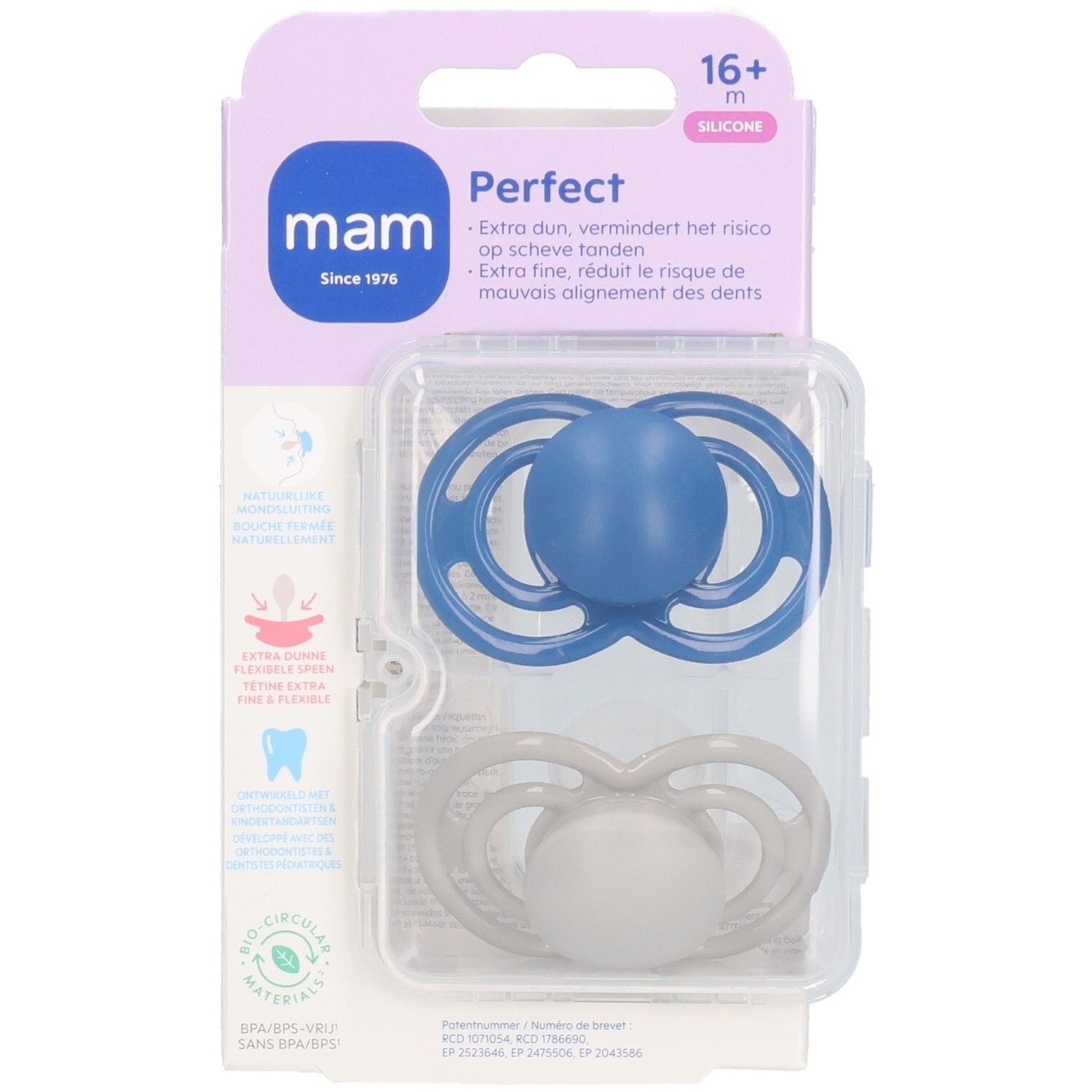 Verpackung mit zwei MAM Perfect Silikon-Schnullern, blau und grau. Produktmerkmale und Markenlogo sind deutlich sichtbar.