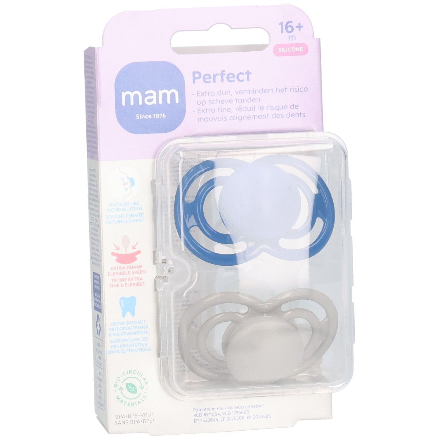 Verpackung mit zwei MAM Perfect Schnullern, blau und grau. Produktmerkmale und Markenlogo sind deutlich sichtbar.