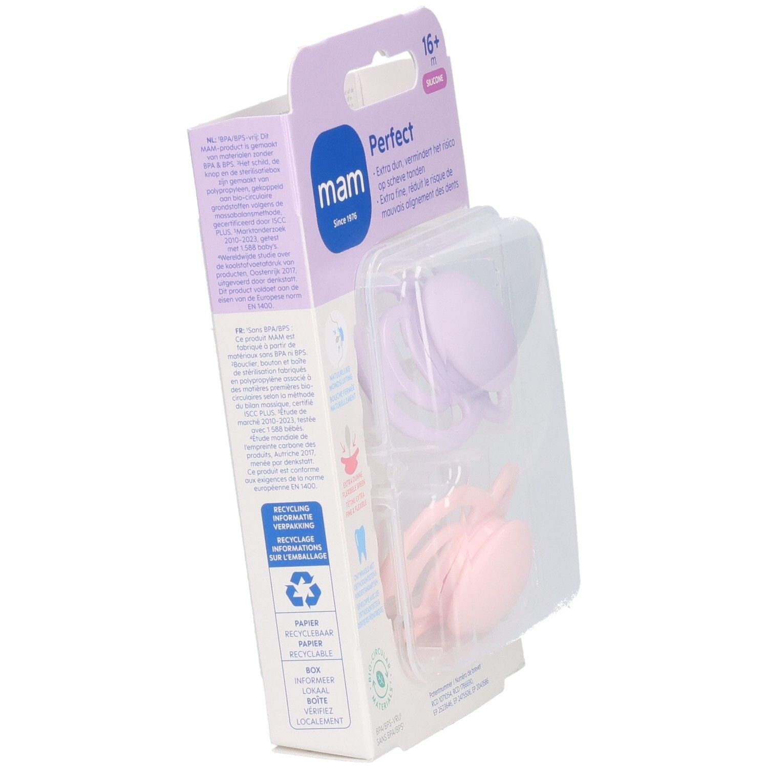 Verpackung mit zwei Schnullern. Rückseite mit Produktinformationen. Marke MAM Perfect.