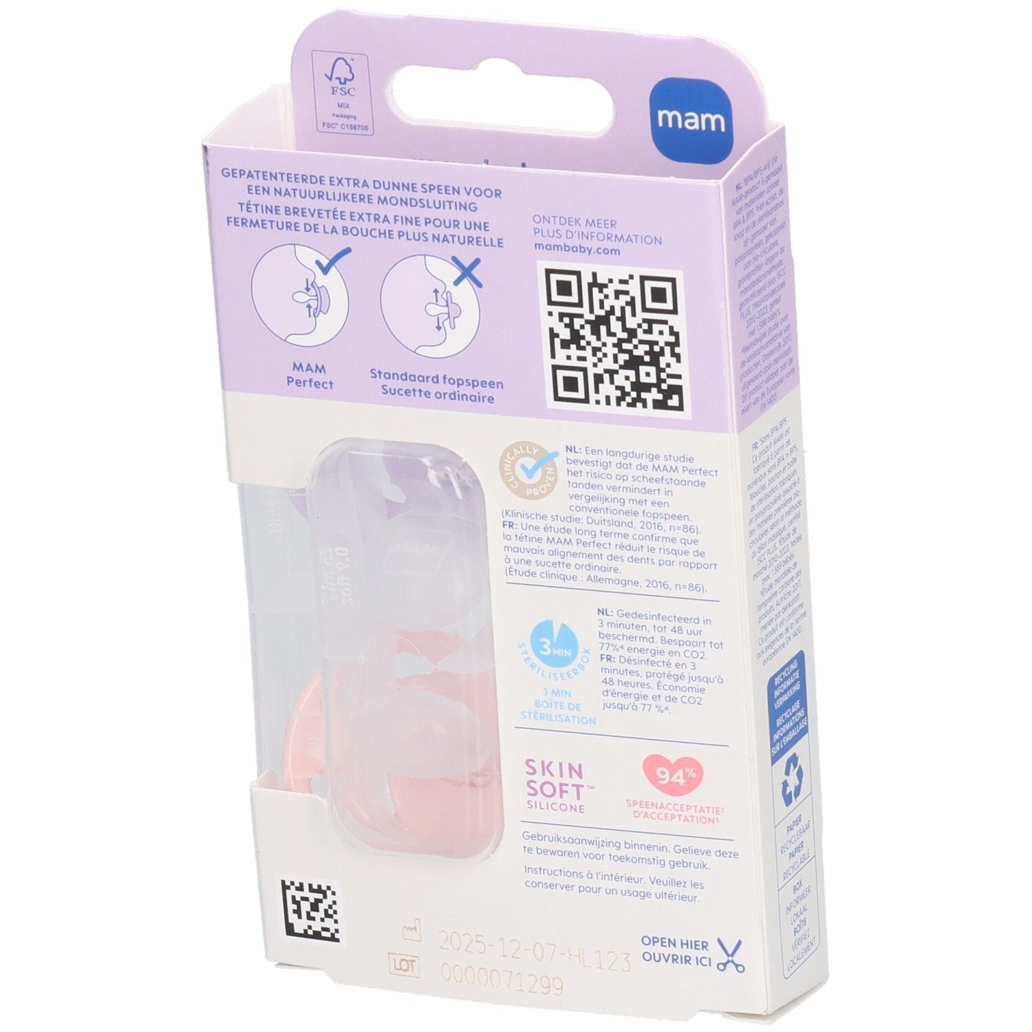 Rückseite der Verpackung mit Produktinformationen. Marke MAM Perfect. Rosa Schnuller sichtbar.