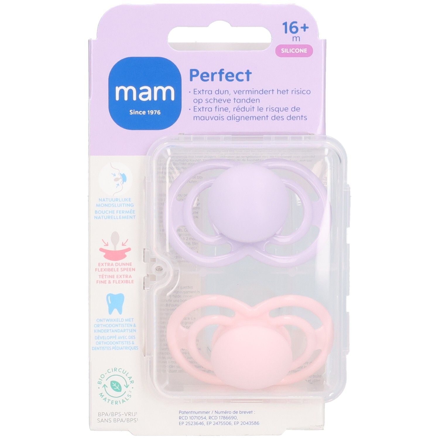 Verpackung mit zwei Schnullern. Lila und rosa Silikon-Sauger. Marke MAM Perfect, ab 16 Monaten.