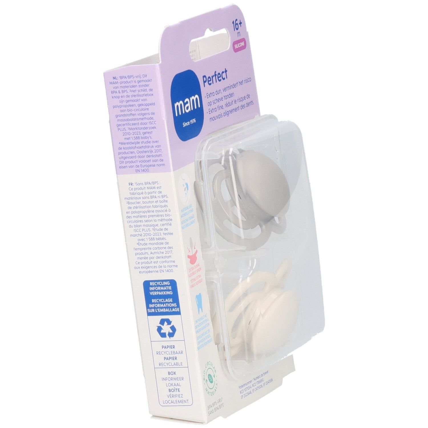 Verpackung mit zwei MAM Perfect Schnullern. Die Verpackung ist teilweise geöffnet. Produktinformationen auf der Rückseite.