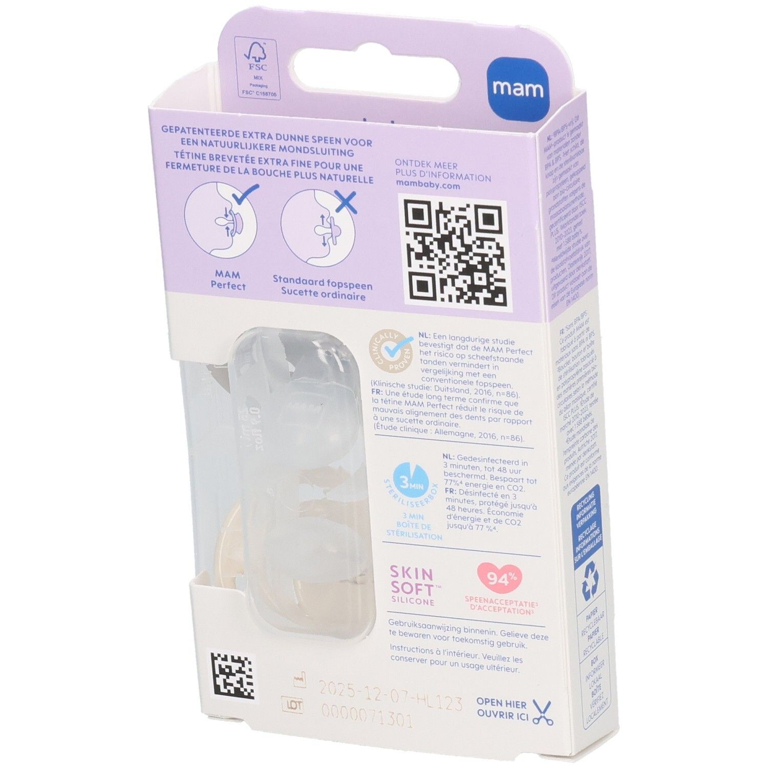 Rückseite der Verpackung mit Produktinformationen. MAM Perfect Schnuller. QR-Code und Text in verschiedenen Sprachen.