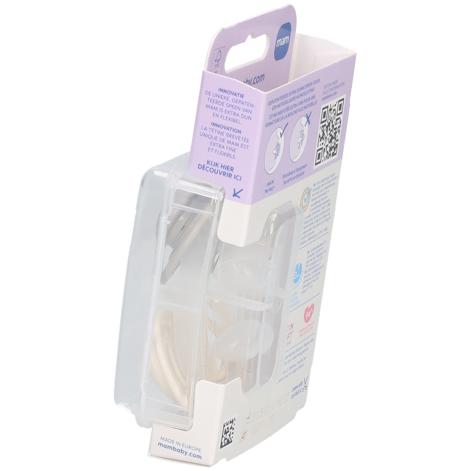 Verpackung mit zwei MAM Perfect Schnullern, teilweise geöffnet. Produktinformationen auf der Rückseite.