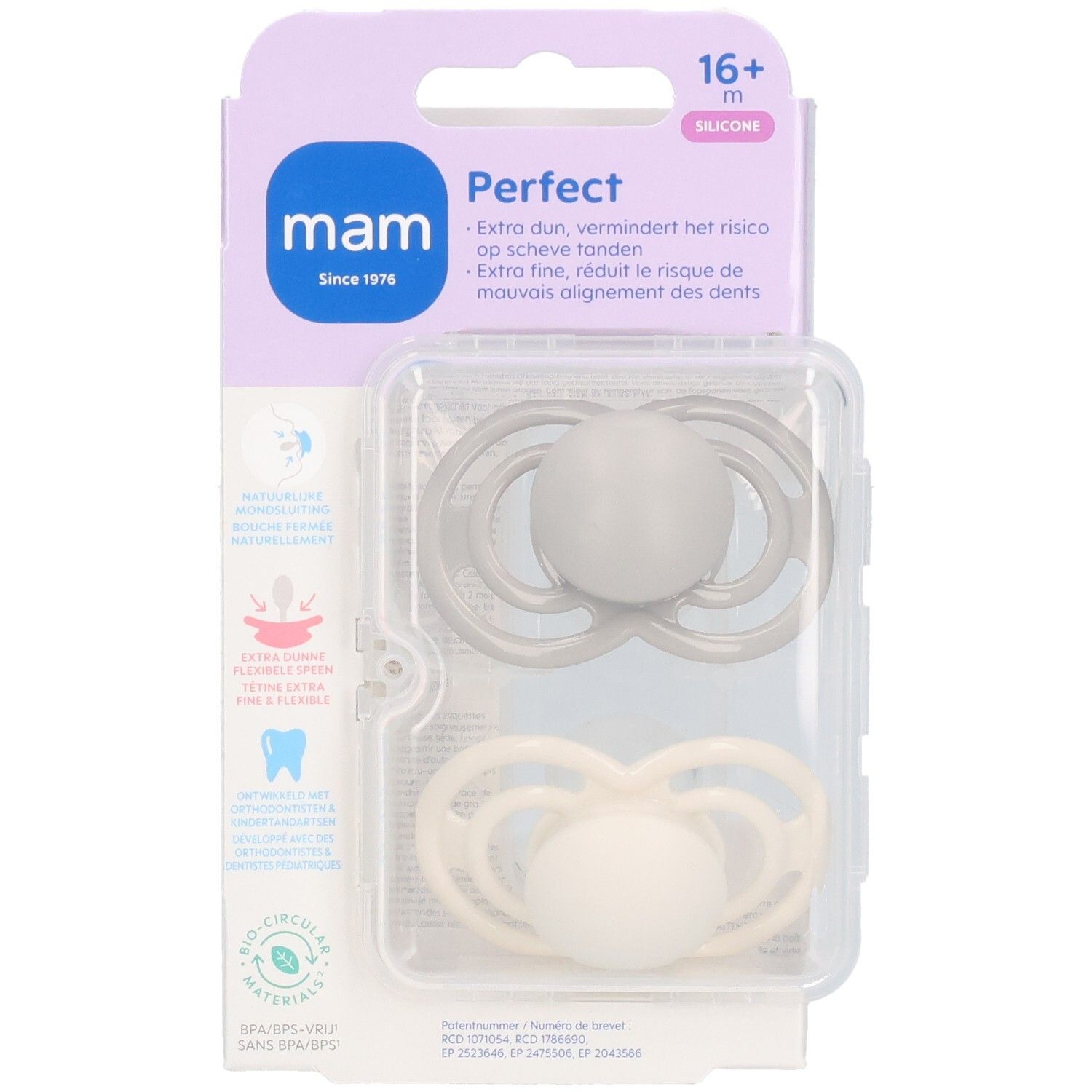 Zwei MAM Perfect Silikon-Schnuller in Verpackung. Grau und cremefarben. Altersempfehlung: 16+ Monate. Verpackung mit Produktinformationen.