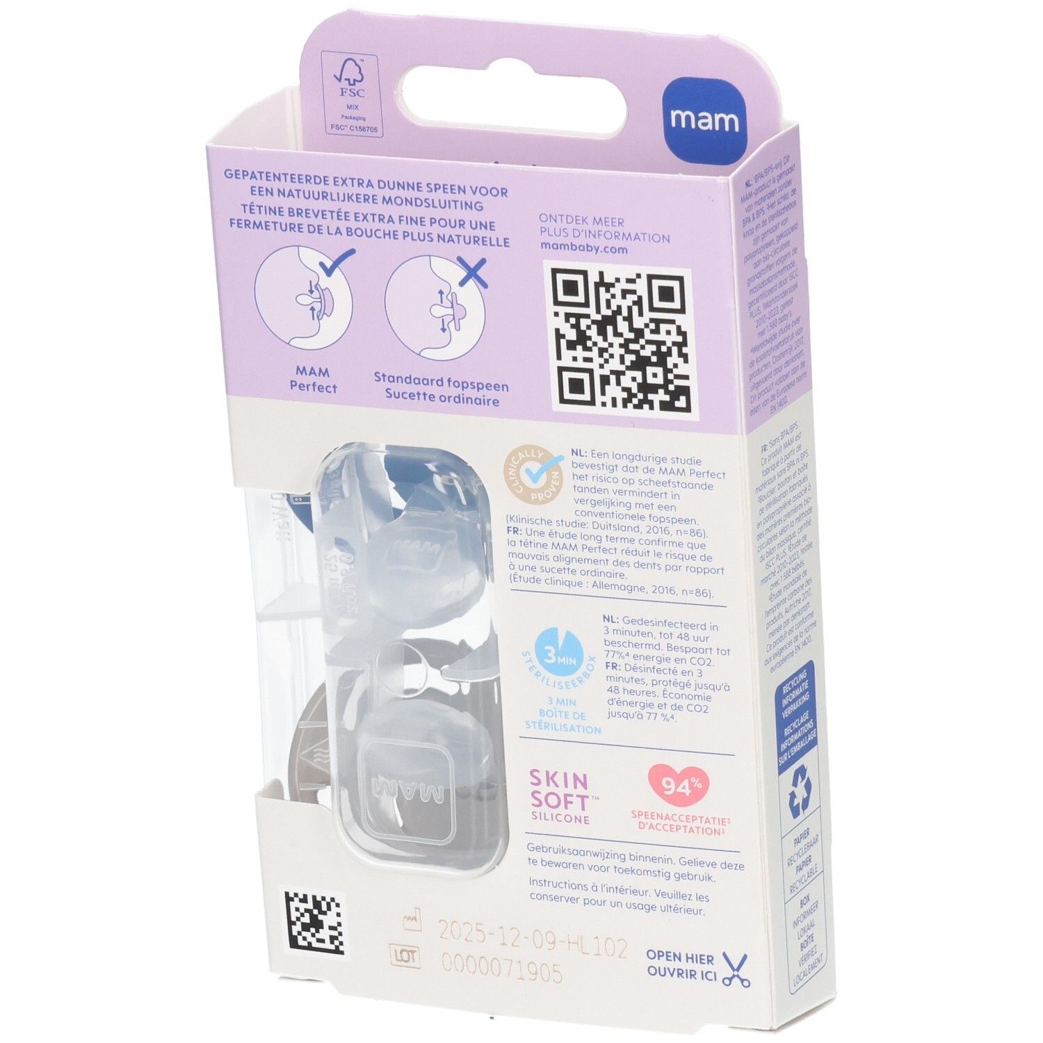 Rückseite der Verpackung mit zwei Schnullern. Informationen zu MAM Perfect, 6-16 Monate. QR-Code, Recycling-Symbole.