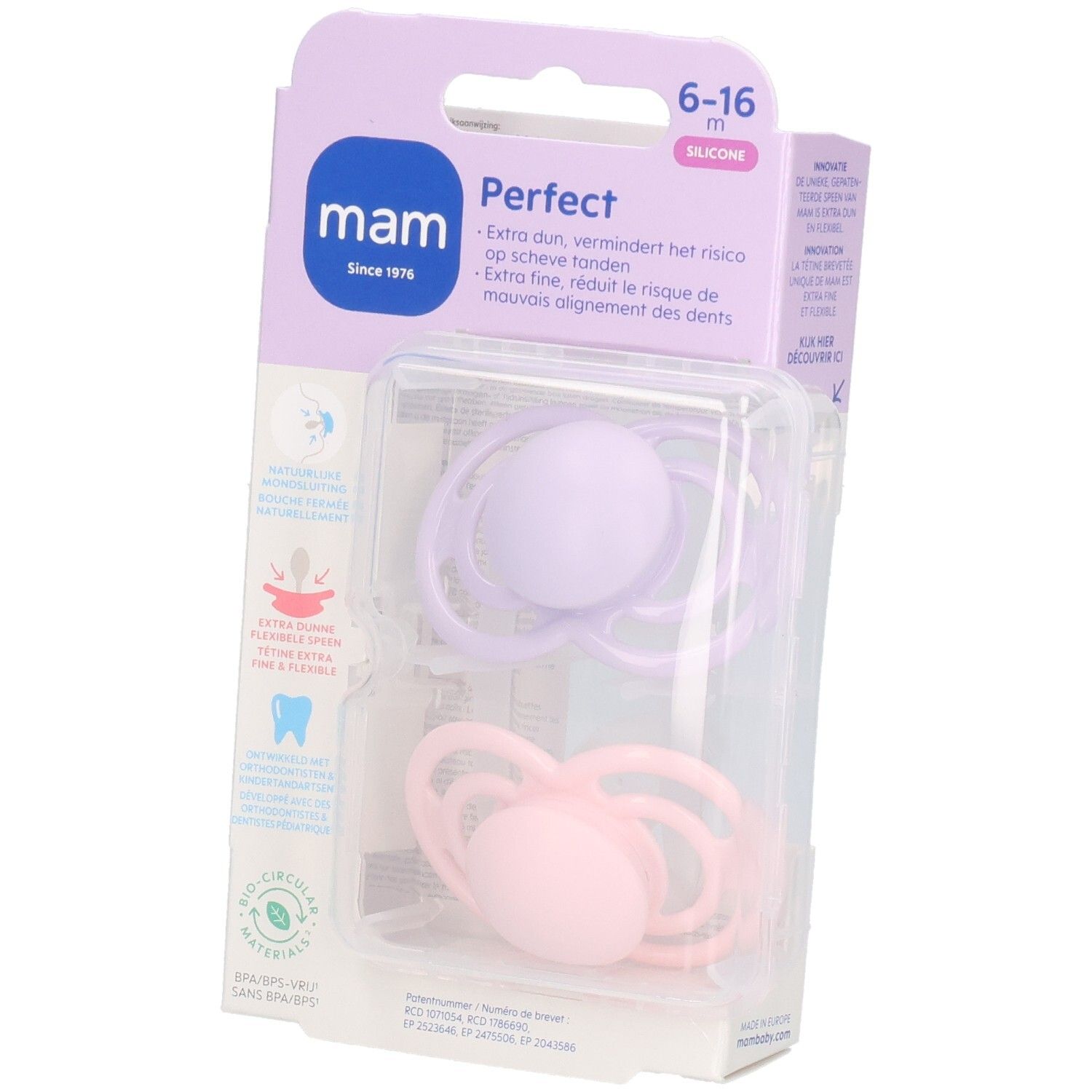 Verpackung mit zwei Schnullern. Marke MAM, Perfect. Farben: Rosa und Lila. Altersempfehlung: 6-16 Monate. Sichtbare Merkmale: Silikon, Verpackung.