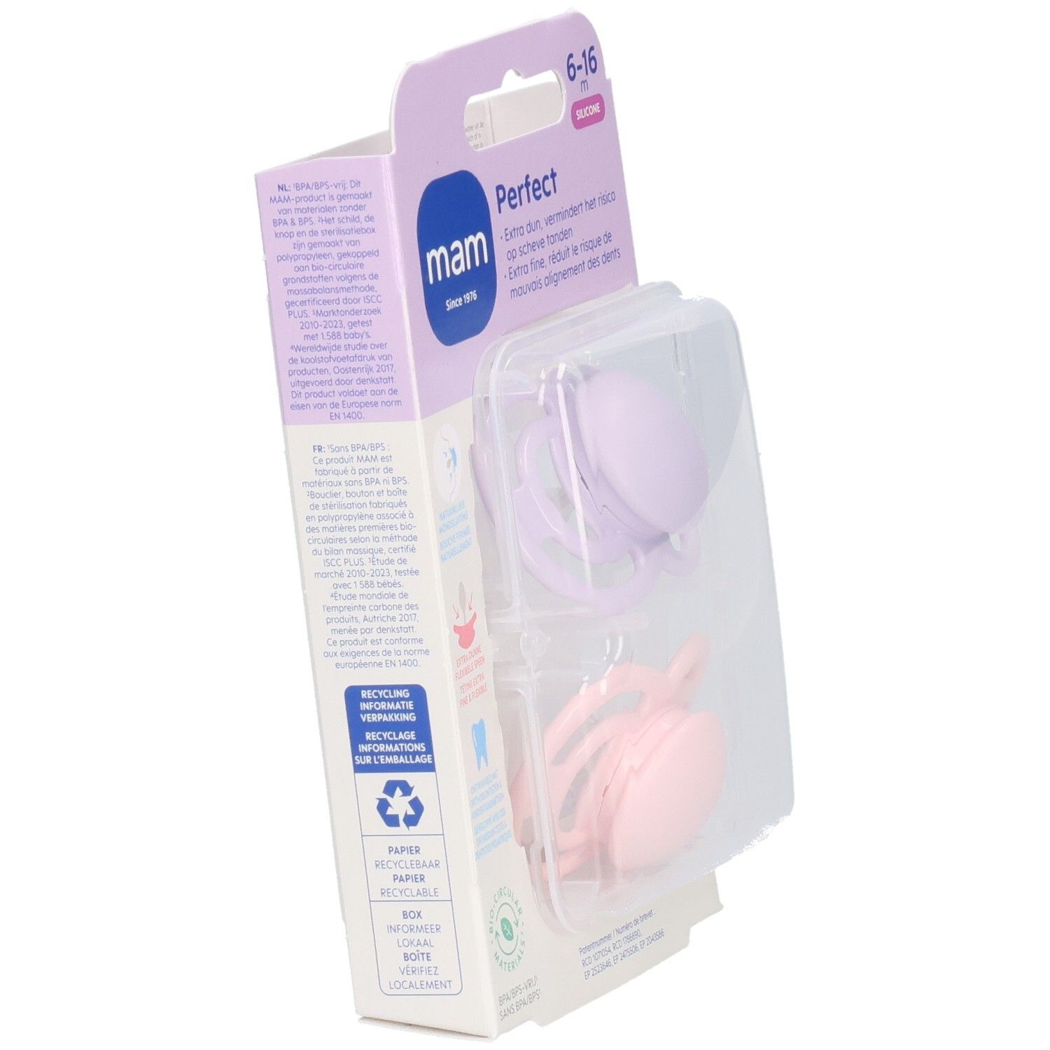 Verpackung mit zwei Schnullern. Marke MAM, Perfect. Farben: Rosa und Lila. Altersempfehlung: 6-16 Monate. Verpackung schräg.
