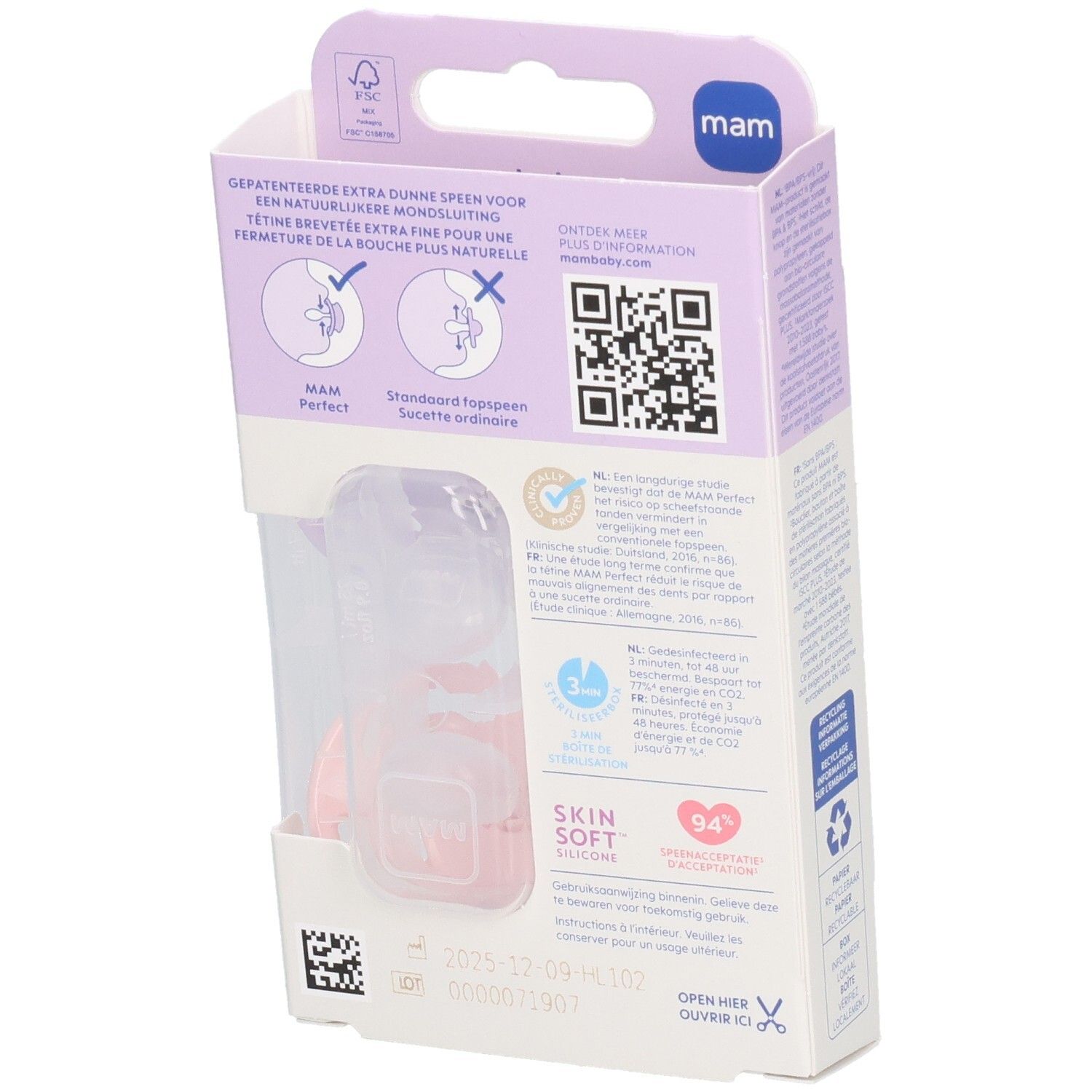 Rückseite der Verpackung mit zwei Schnullern. Marke MAM. Informationen in mehreren Sprachen. QR-Code. Altersempfehlung: 6-16 Monate.