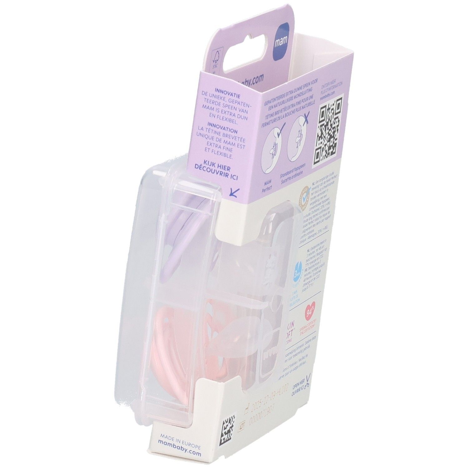Verpackung mit zwei Schnullern. Marke MAM. Informationen in mehreren Sprachen. Altersempfehlung: 6-16 Monate. Verpackung geöffnet.
