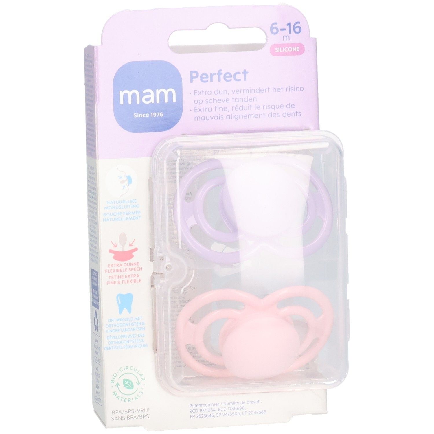 Verpackung mit zwei Schnullern. Marke MAM, Perfect. Farben: Rosa und Lila. Altersempfehlung: 6-16 Monate. Sichtbare Merkmale: Silikon.