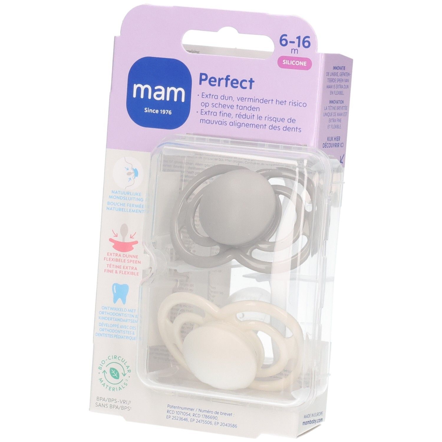 Zwei MAM Perfect Schnuller aus Silikon in Grau und Creme, 6-16 Monate, im transparenten Etui.