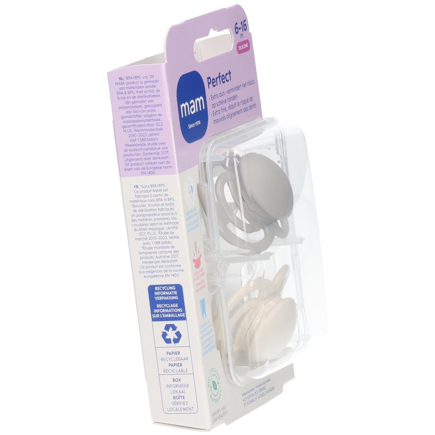 Verpackung mit zwei MAM Perfect Schnullern aus Silikon, grau und creme, 6-16 Monate.