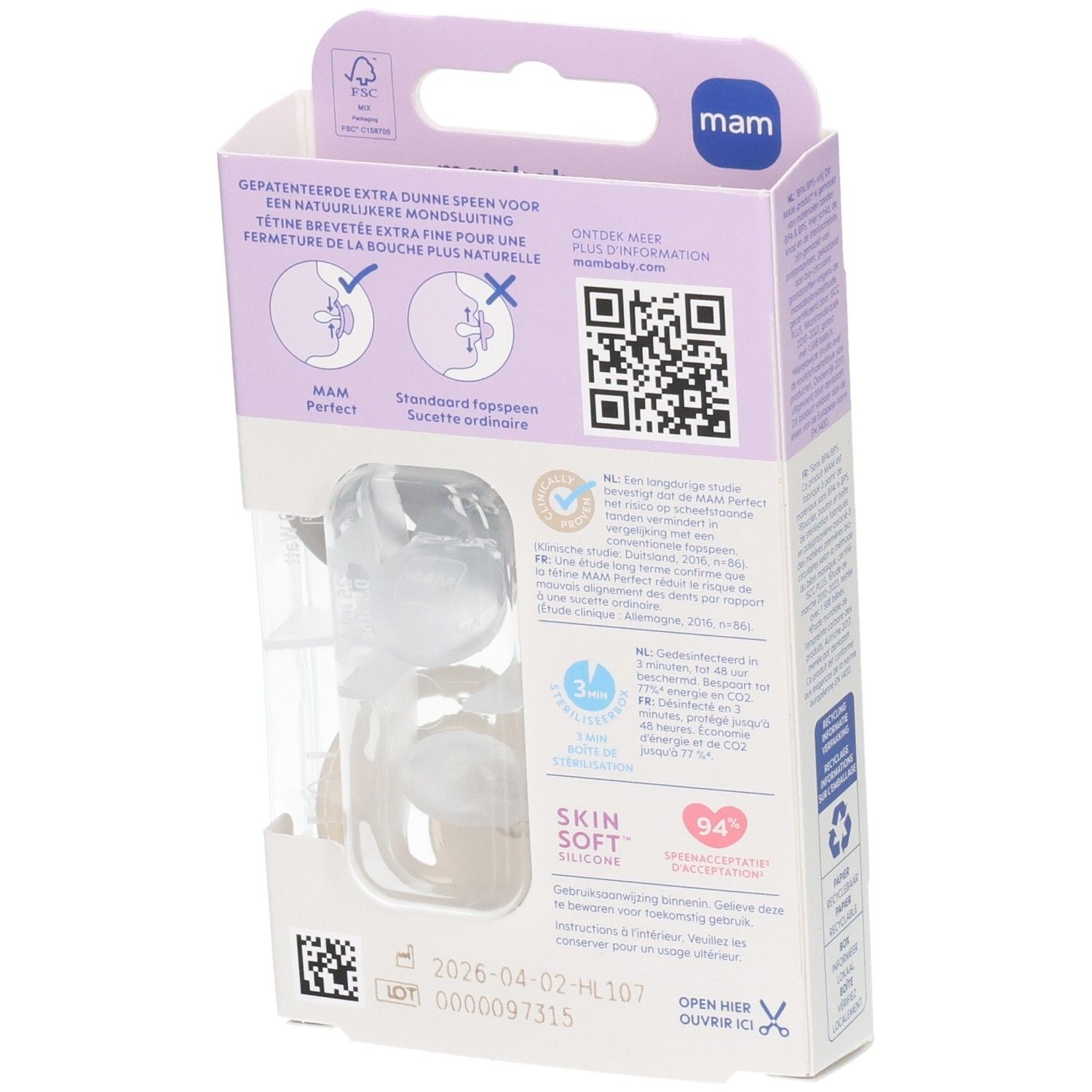 Rückseite der Verpackung von MAM Perfect Schnullern, mit Informationen und QR-Code.