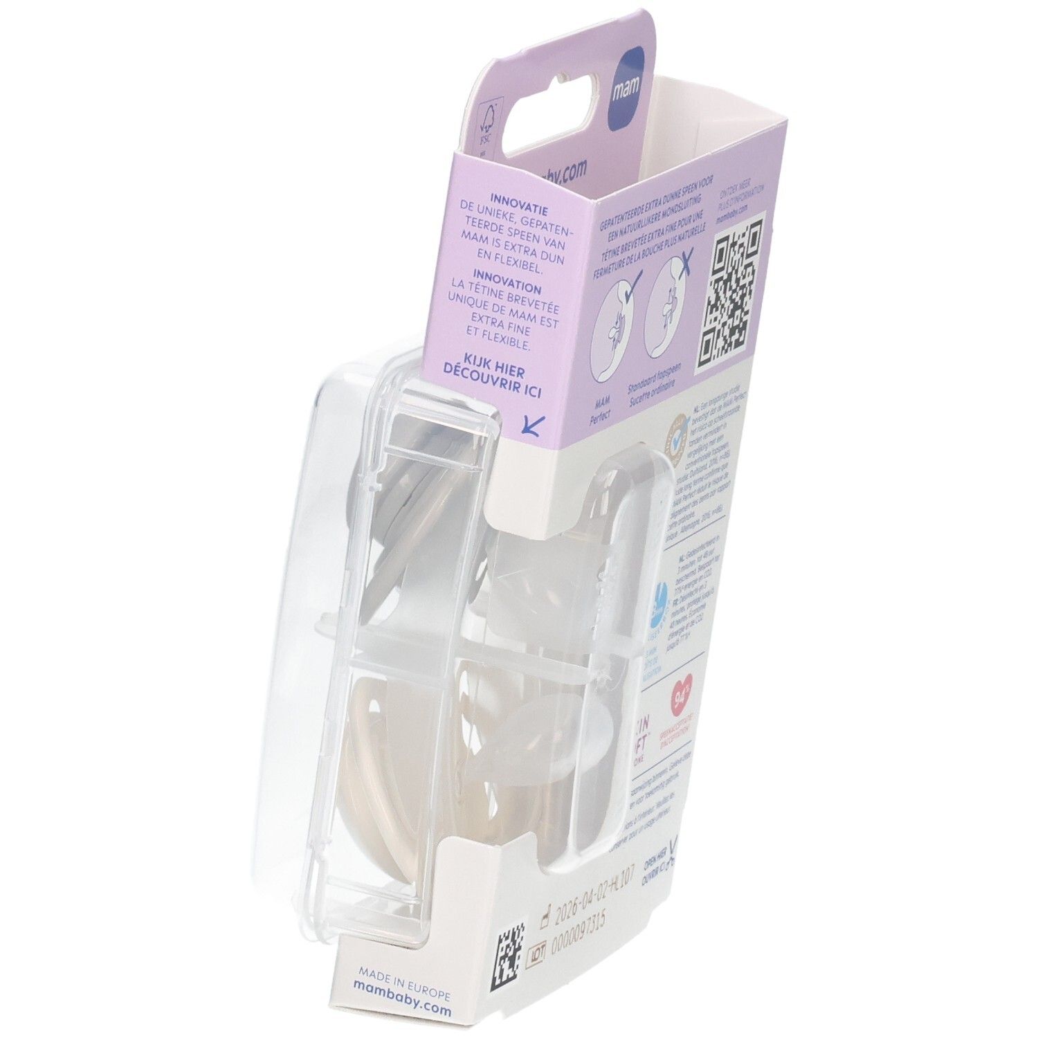 Detailansicht der Verpackung von MAM Perfect Schnullern, mit Hinweisen zur Extra-Dünnheit.