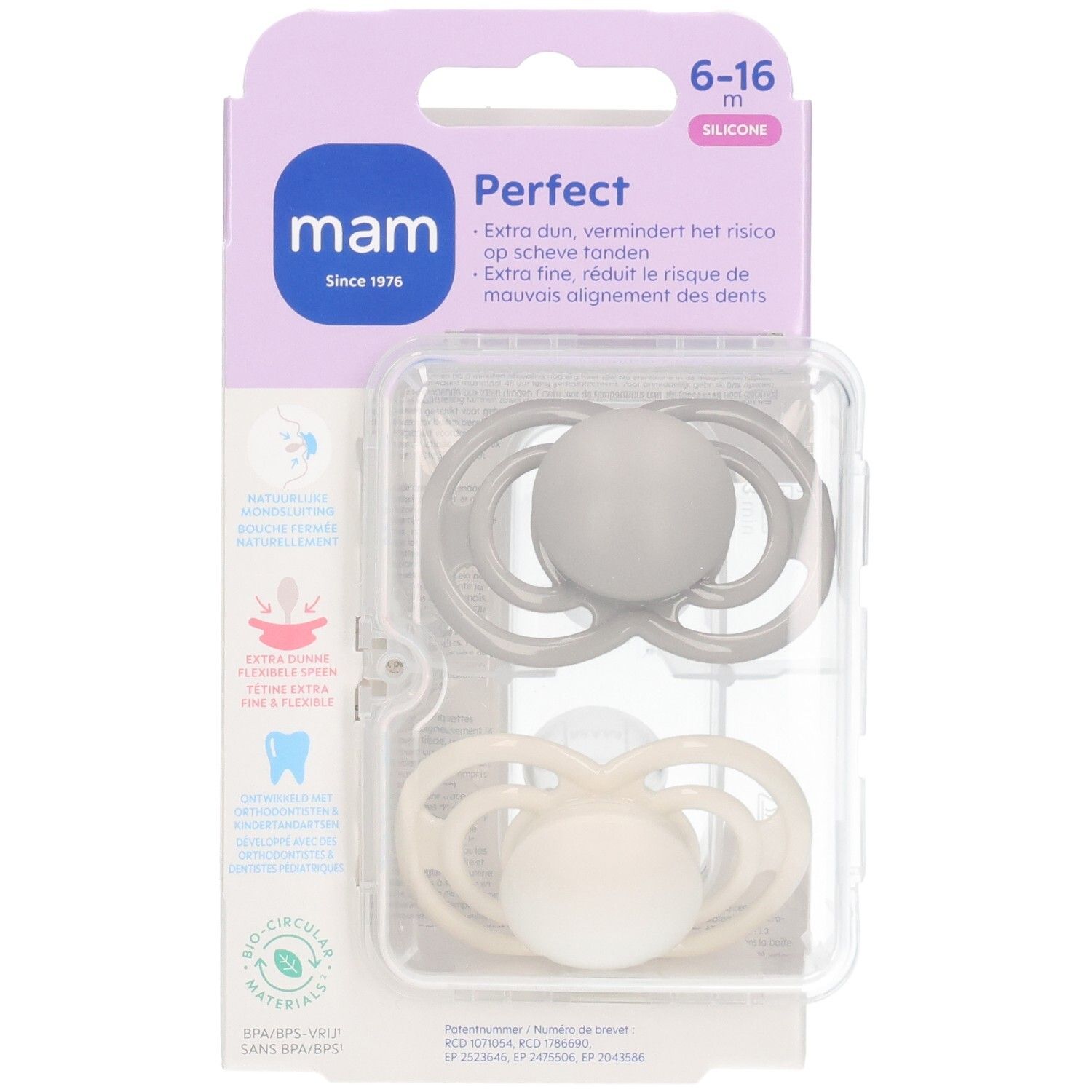 Zwei MAM Perfect Schnuller aus Silikon, grau und creme, 6-16 Monate, in Verpackung.