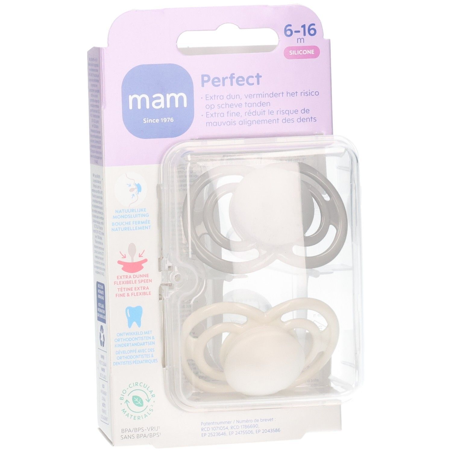 Zwei MAM Perfect Schnuller aus Silikon, grau und creme, 6-16 Monate, im transparenten Etui.