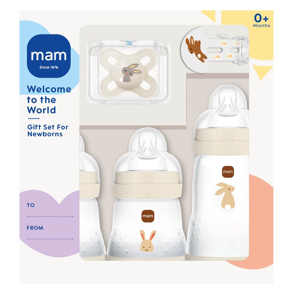 Set cadeau MAM : deux biberons, une sucette et un clip. Beige avec motif lapin.