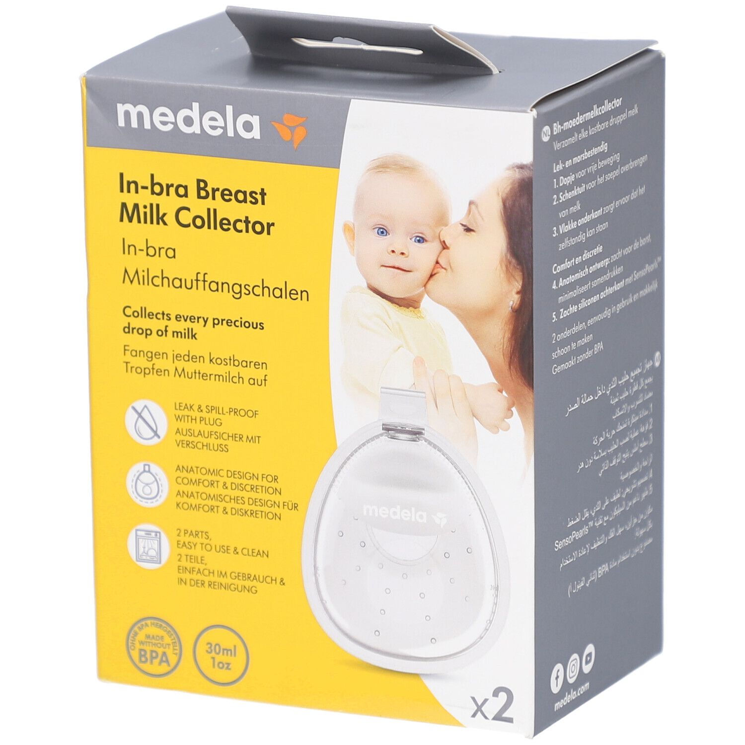 Verpackung von Medela In-bra Milchauffangschalen. Enthält zwei transparente Auffangschalen. Aufdruck mit Produktinformationen und Logo.