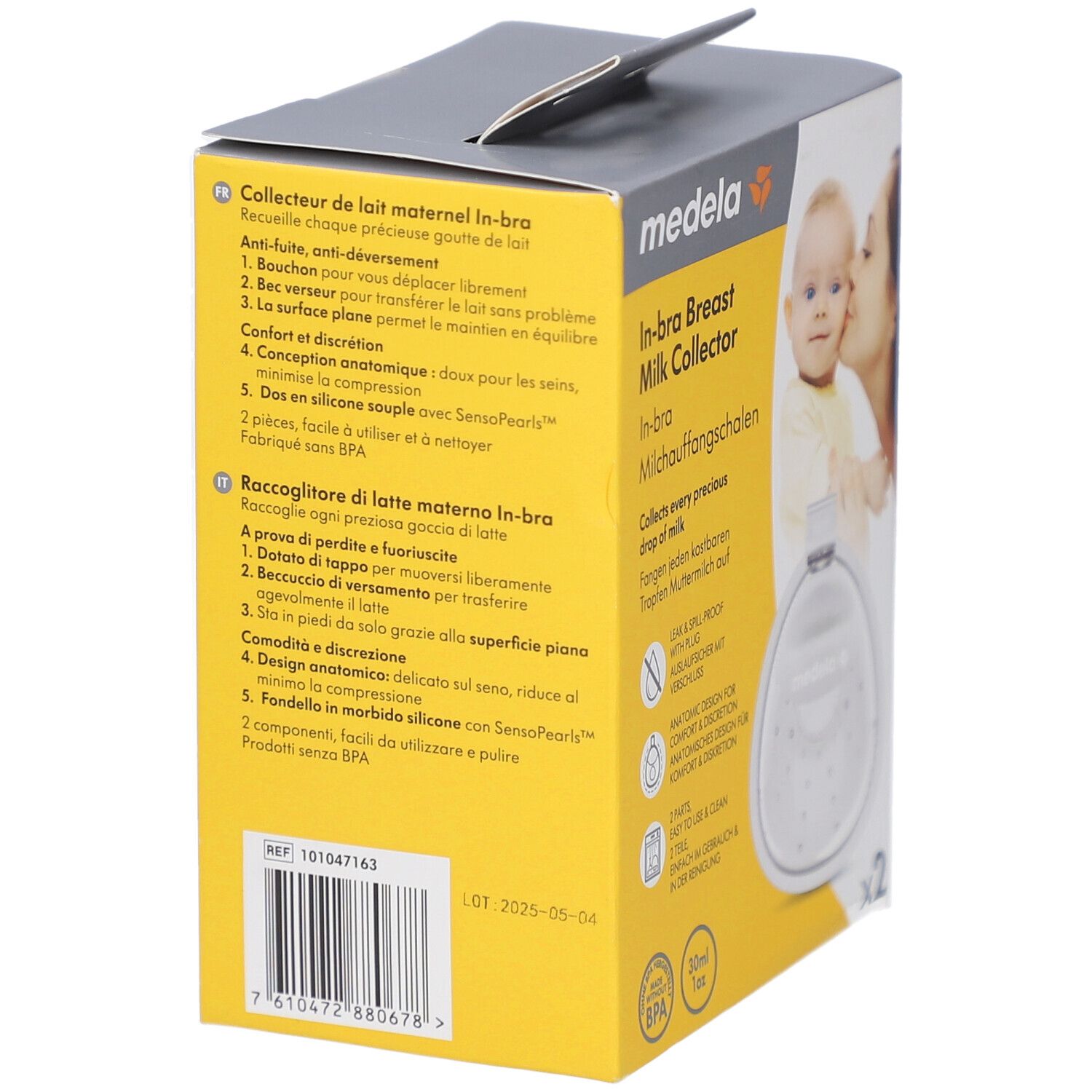 Rückseite der Medela In-bra Verpackung. Text in mehreren Sprachen. Produktinformationen und Chargennummer.