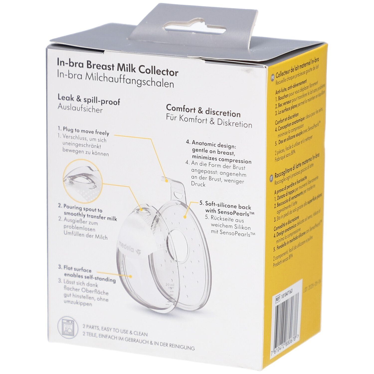 Rückseite der Medela In-bra Verpackung. Illustrationen der Produktmerkmale. Text in mehreren Sprachen.