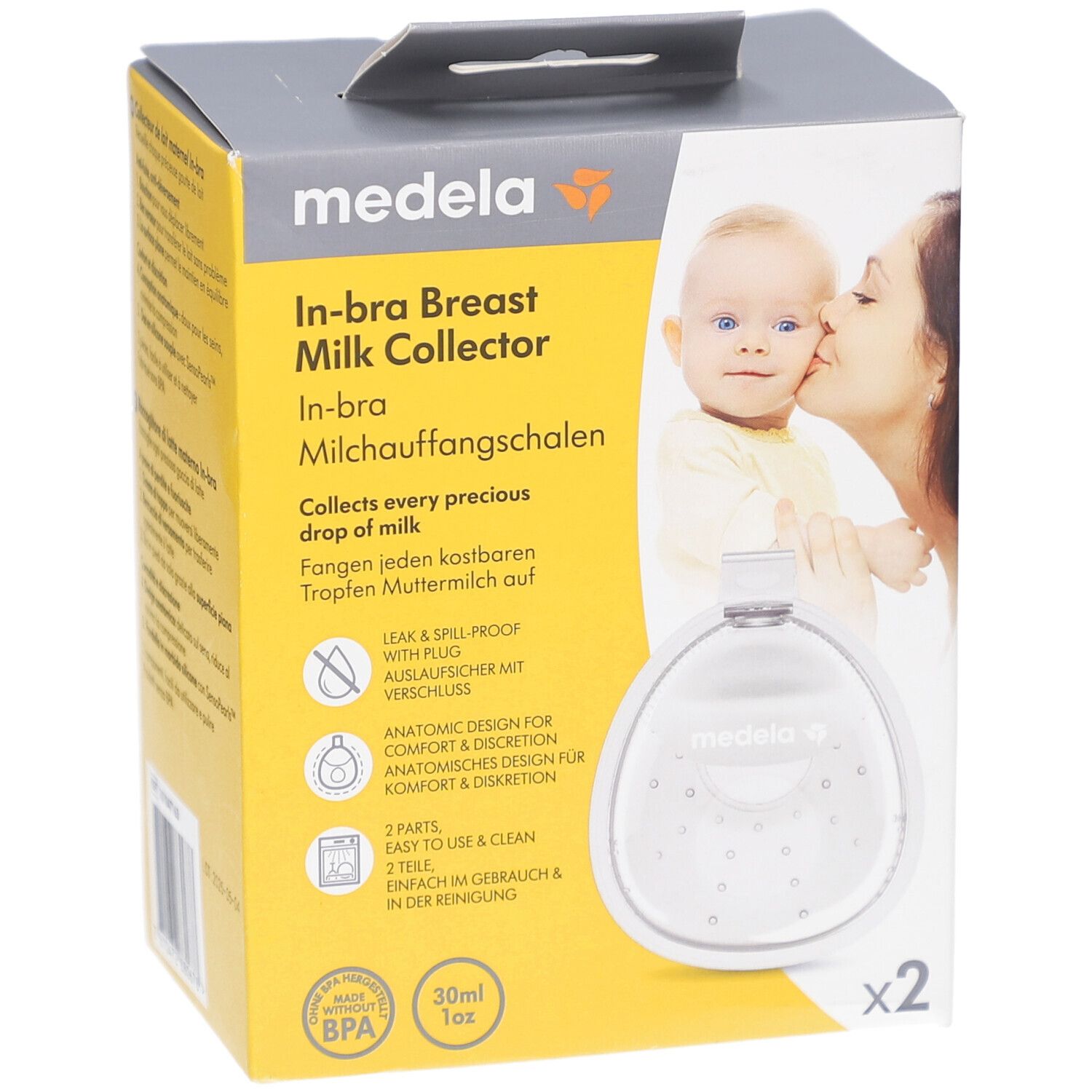 Medela In-bra Milchauffangschalen Verpackung. Zwei transparente Auffangschalen. Logo und Produktinformationen.