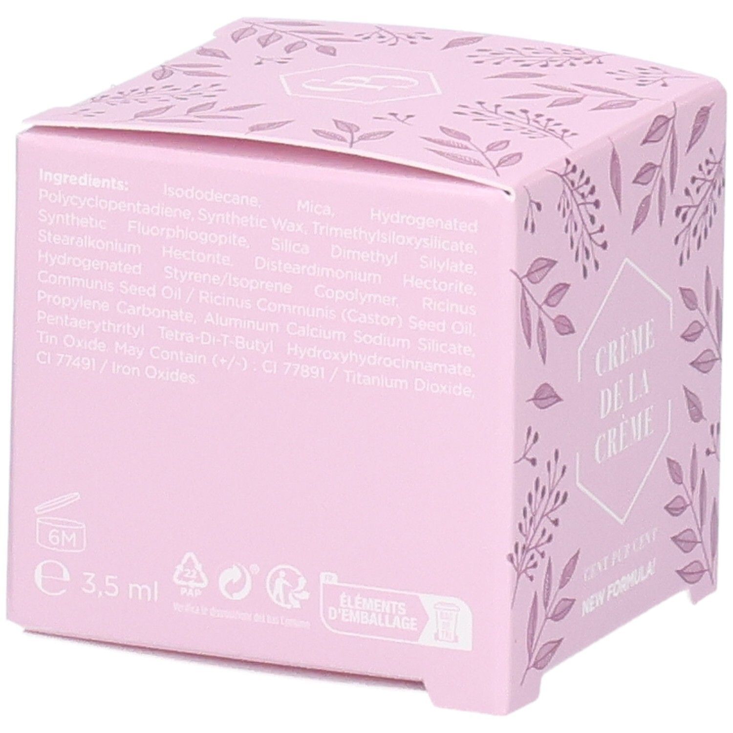 Rückseite der rosa Verpackung. Enthält Inhaltsstoffe und Informationen zur Größe: 3,5 ml. Recycling-Symbole.