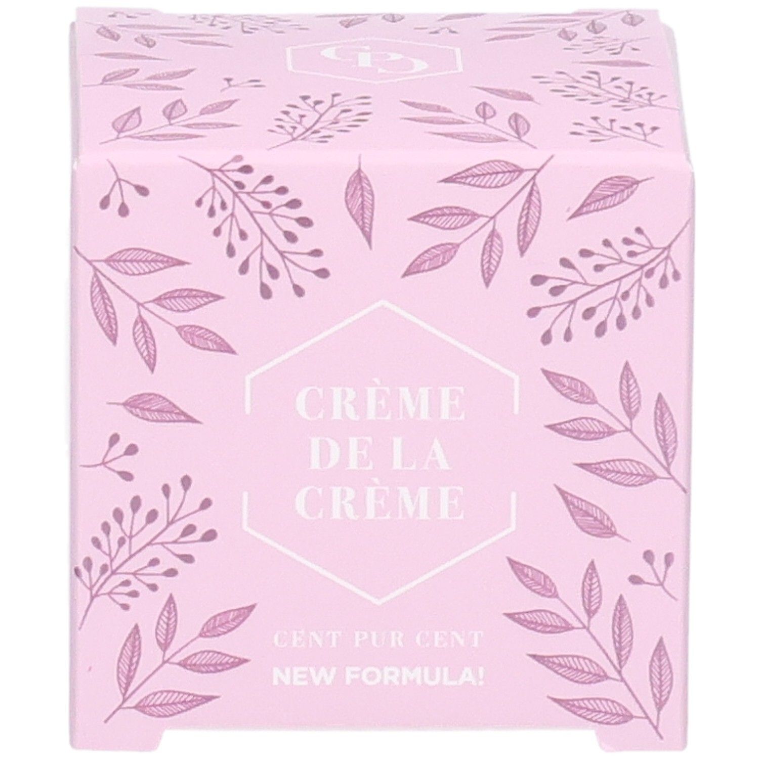 Rosa Verpackung mit floralem Muster. Text: Crème de la Crème, Cent Pur Cent, New Formula!