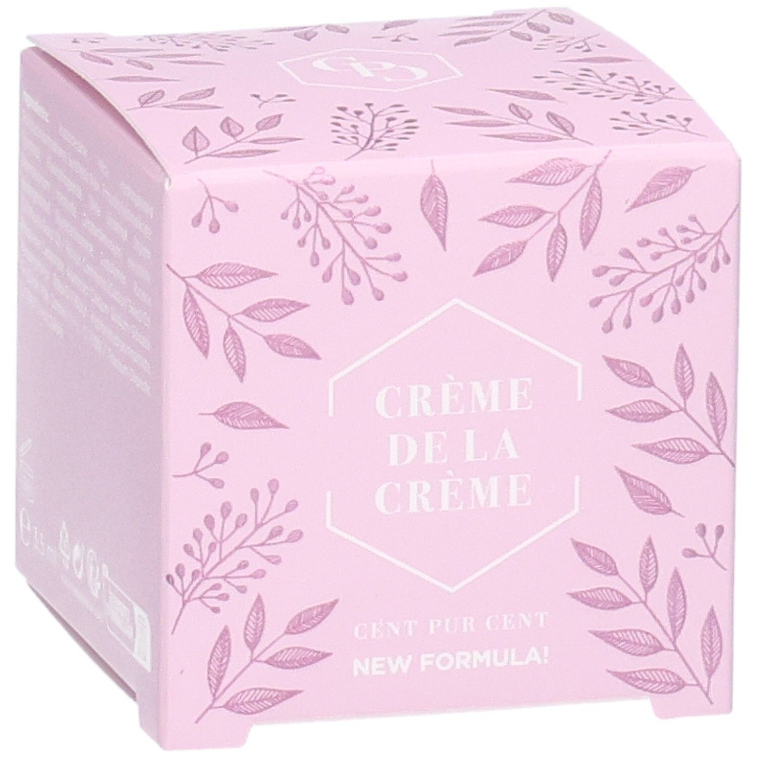 Rosa Verpackung mit floralem Muster. Text: Crème de la Crème, Cent Pur Cent, New Formula! Größe: 3,5 ml.