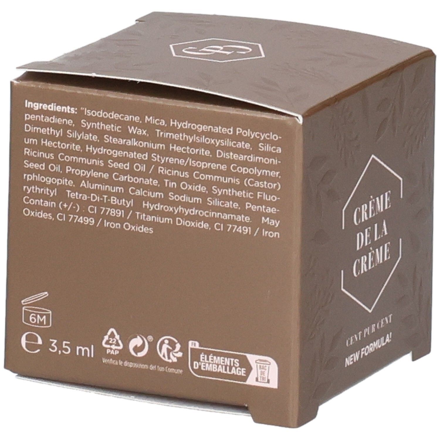 Boîte marron, dos avec ingrédients et texte. Volume : 3,5 ml. Symboles de recyclage.