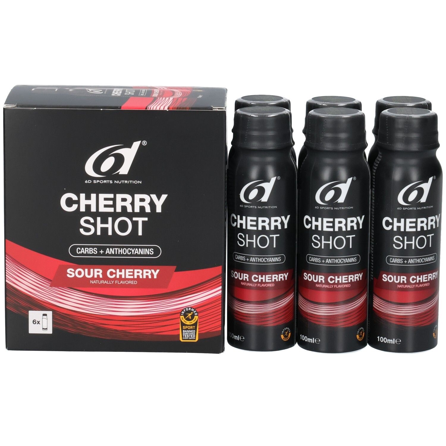 Boîte 6D Cherry Shot Sour Cherry et six bouteilles.