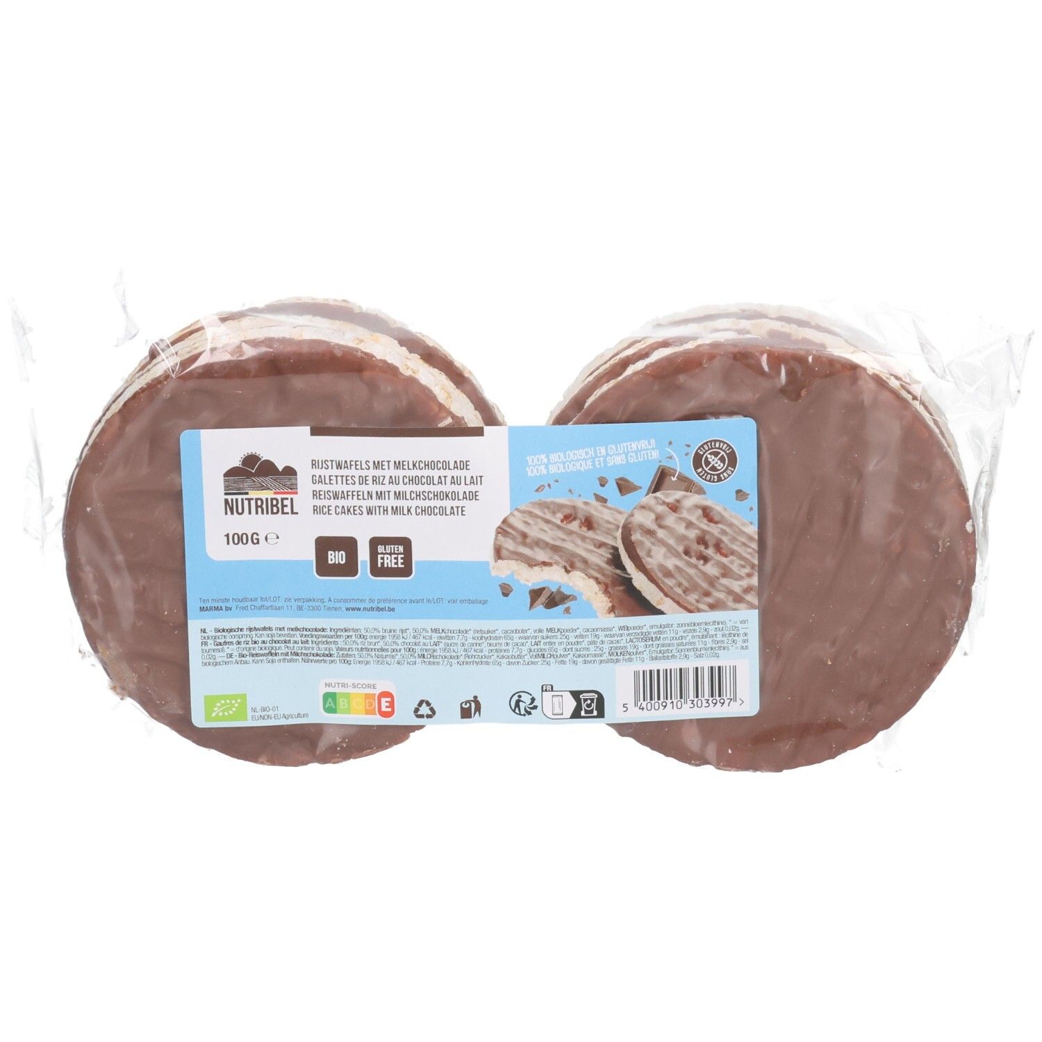 Verpackung mit Reiswaffeln mit Milchschokolade. Sichtbar sind runde Waffeln, teilweise mit Schokoladenüberzug. Bio-Zertifizierung.