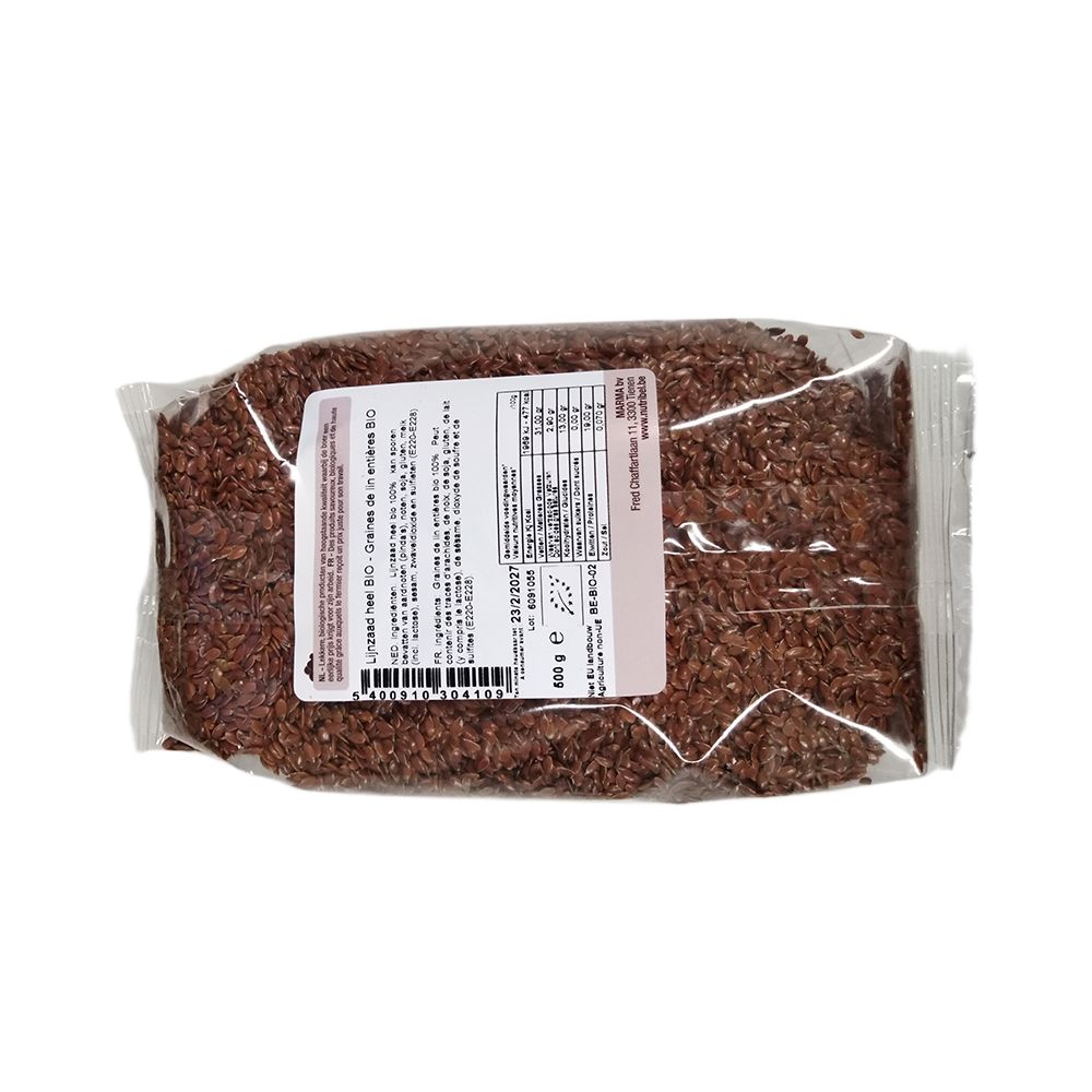 Verpackung mit Nutribel Lijnzaad Heel Bio. Rückseite mit Nährwertangaben und Barcode. Transparente Verpackung.