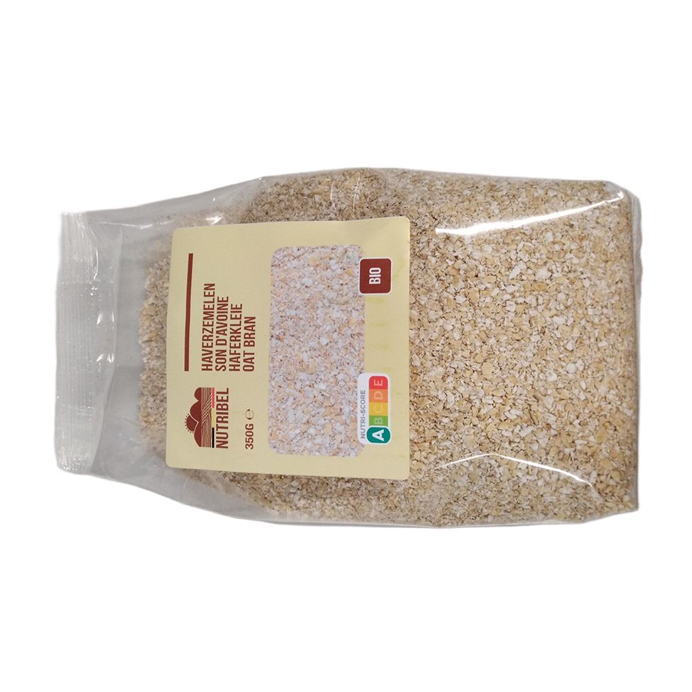 Klare Plastikverpackung mit Haferkleie. Etikett mit Produktnamen, Bio-Siegel und Nährwertkennzeichnung. Inhalt: 350g.