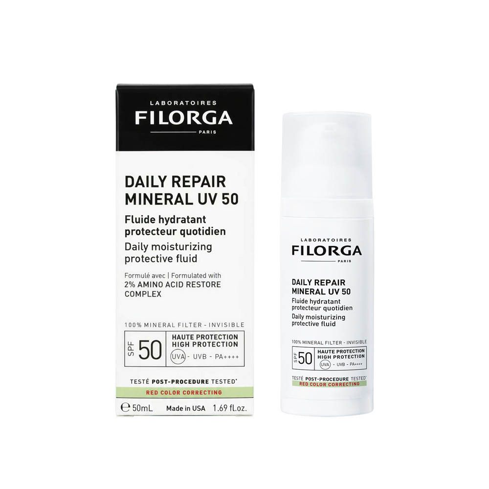Produkt und Verpackung. Weiße Flasche mit Dosierpumpe und Karton. Aufschrift: Filorga, Daily Repair Mineral UV 50.