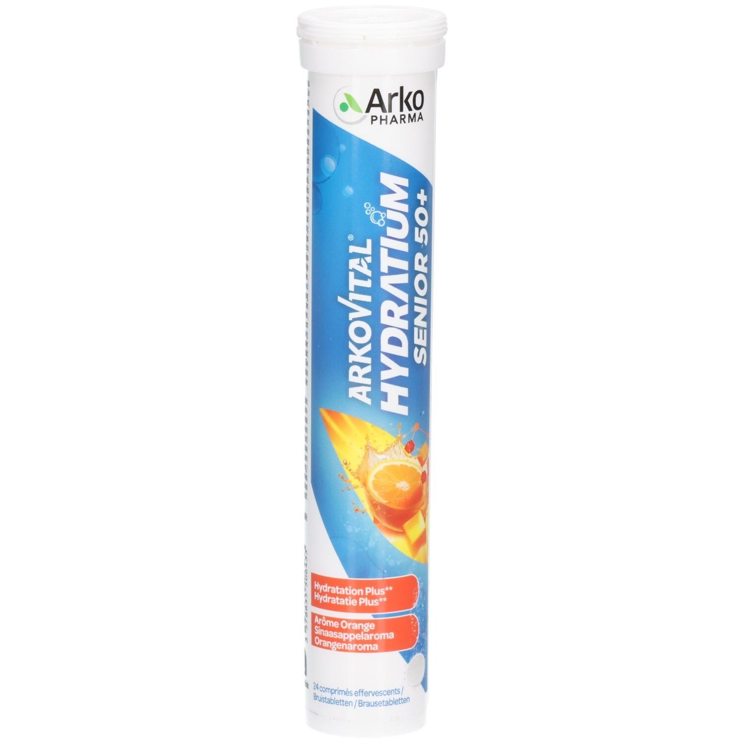 Zylindrische Verpackung von Arkovital Hydratium Senior 50+. Weißer Deckel, blaue und orangefarbene Grafik. Enthält Brausetabletten.