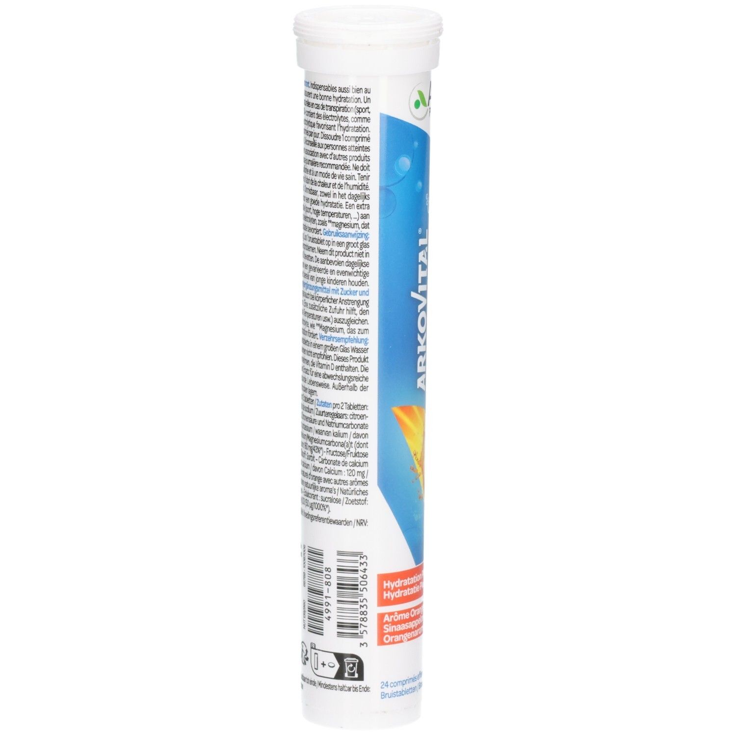 Rückseite der Verpackung von Arkovital Hydratium Senior 50+. Text in mehreren Sprachen. Enthält 24 Brausetabletten.